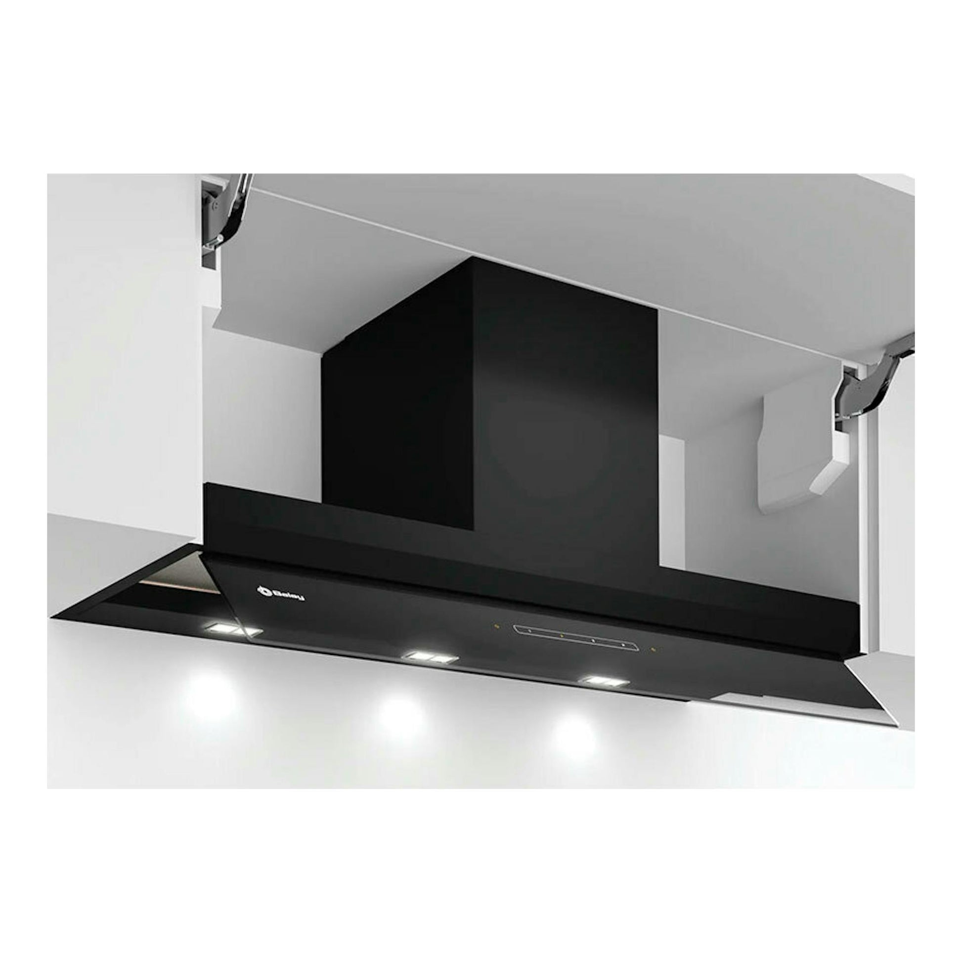 Campana extractora Balay 3BD997GN negra, vista inferior e inclinada, instalada bajo mueble.