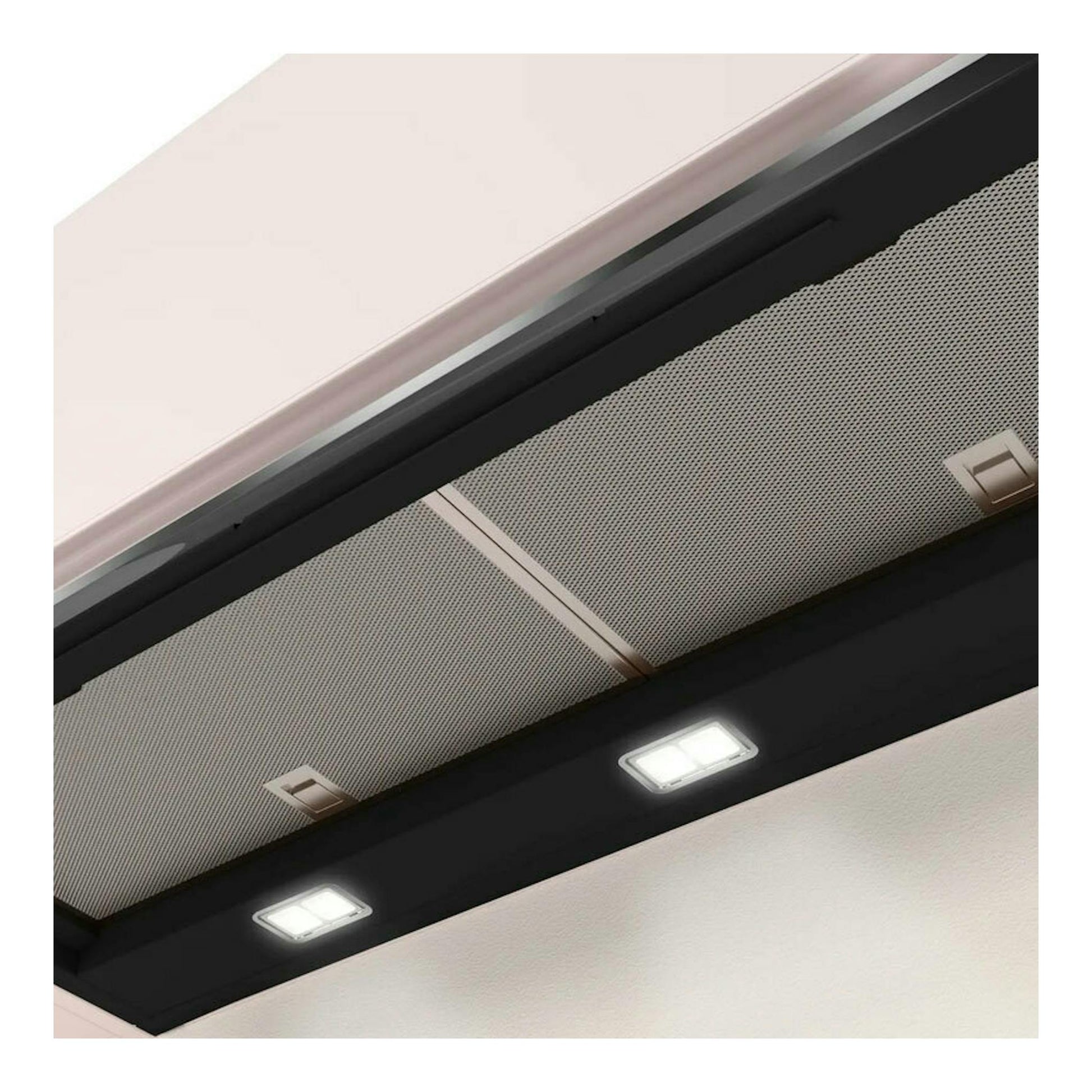 Campana extractora Balay 3BD997GN, vista inferior en negro y acero con dos luces LED encendidas.