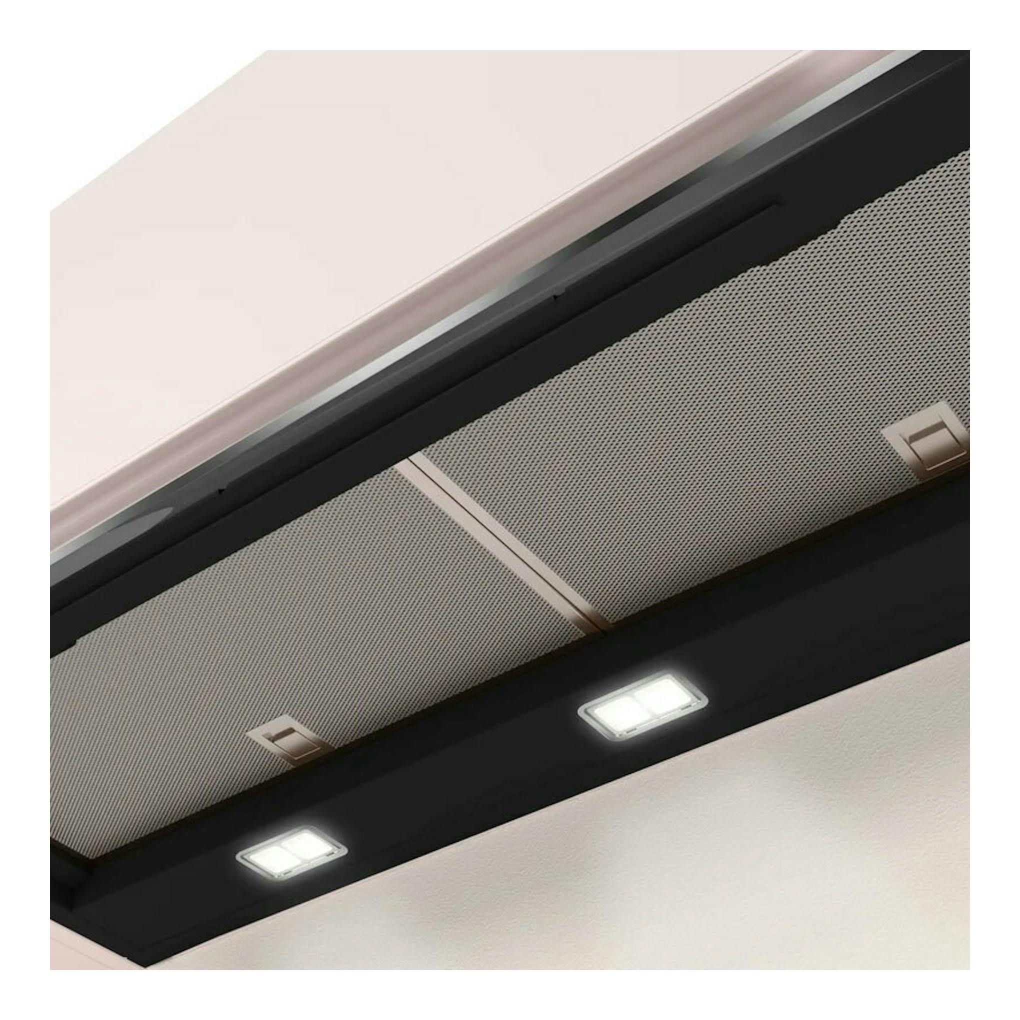 Campana extractora Balay 3BD997GN, vista inferior en negro y acero con dos luces LED encendidas.