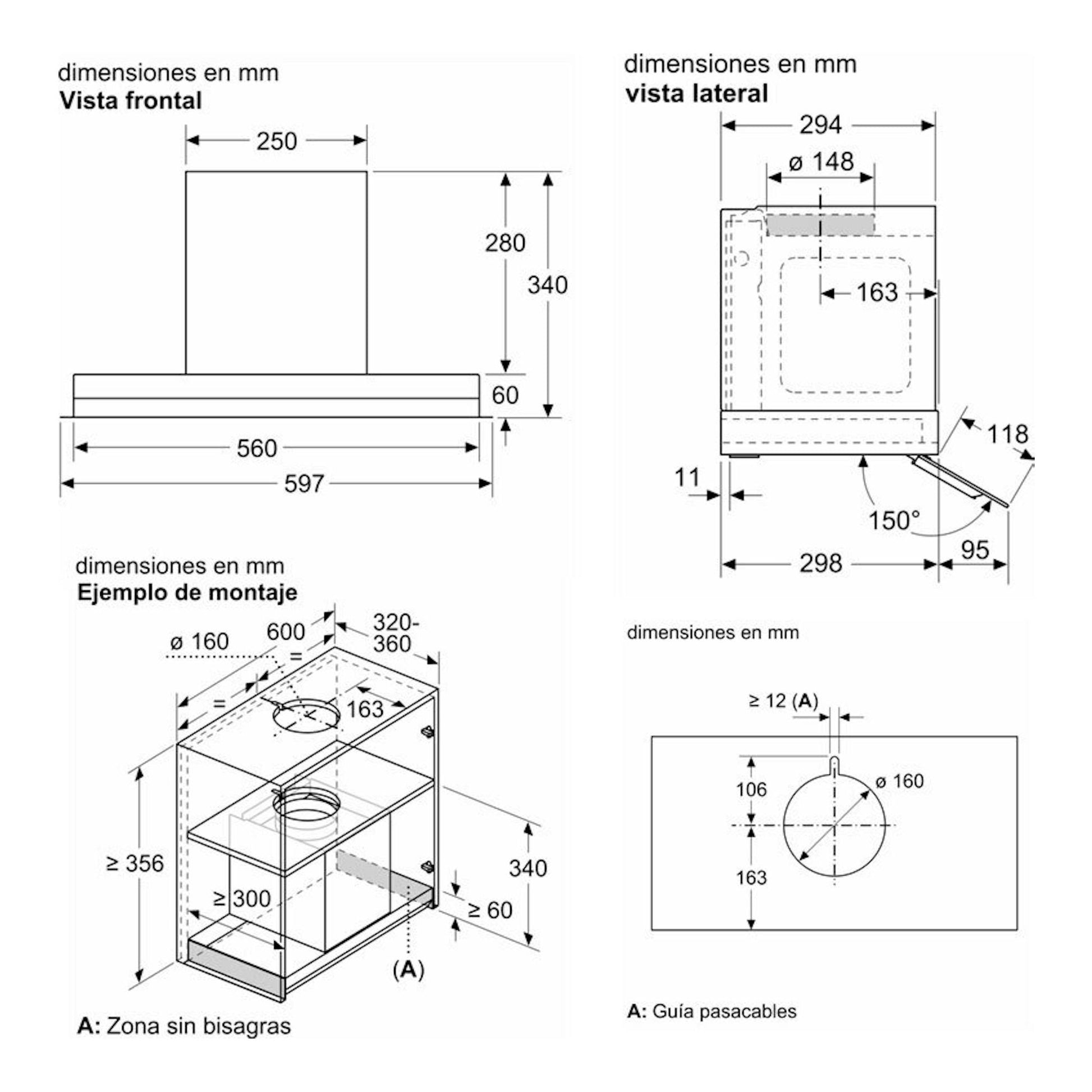 Bosch DBB67AM60: esquema de dimensiones de campana extractora en vista frontal, lateral y montaje.