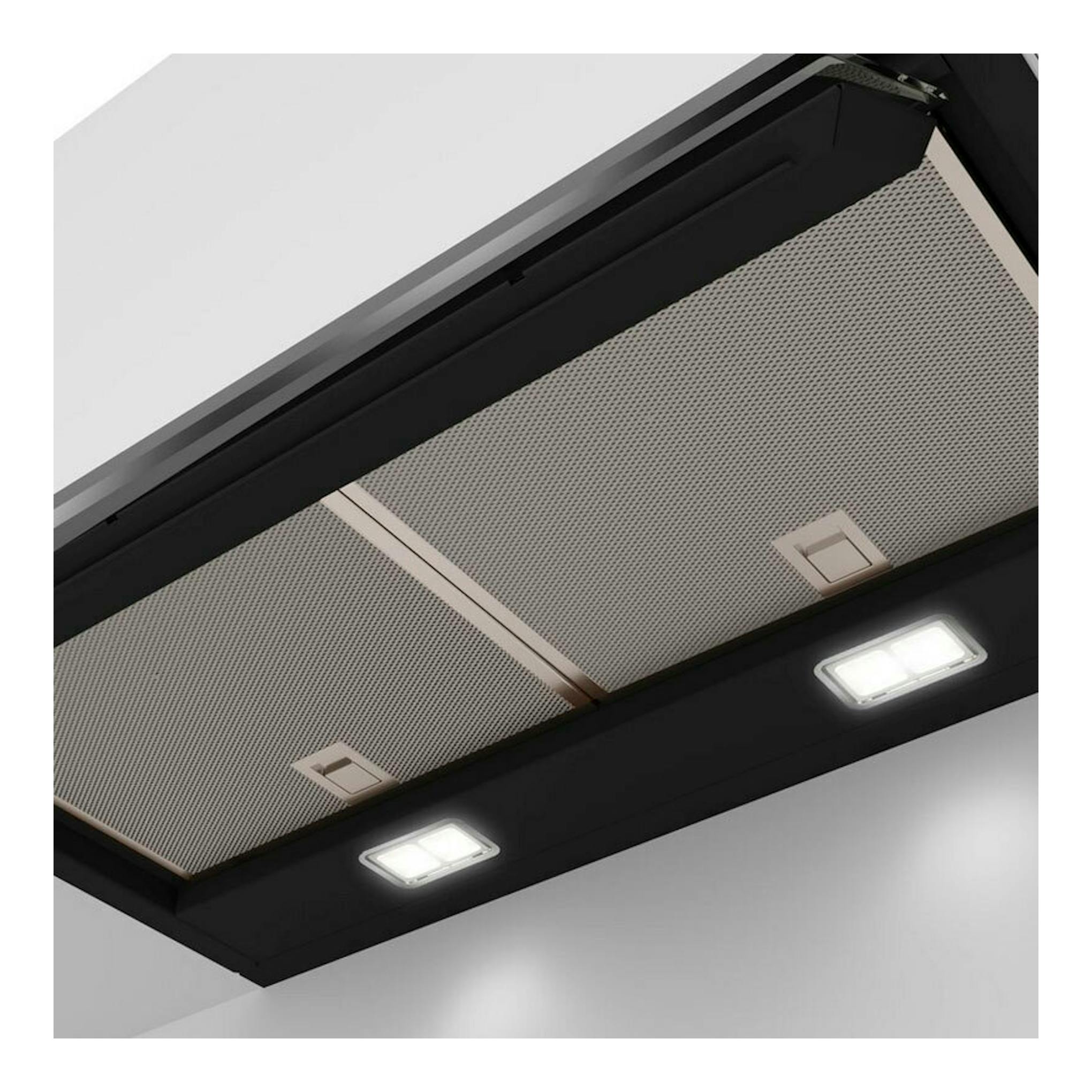 Campana extractora Bosch DBB67AM60 negra, vista inferior en ángulo, con filtros metálicos y dos luces LED.