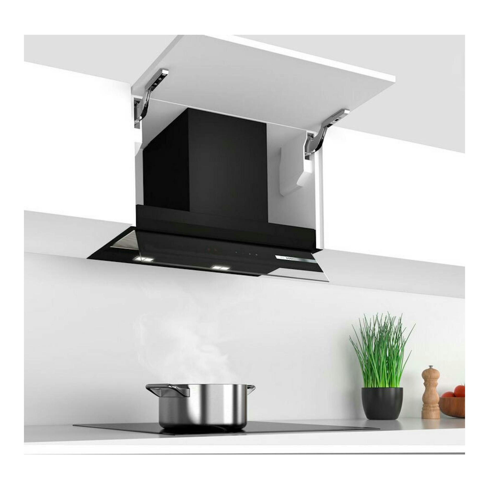 Campana Bosch DBB67AM60 negra, vista inferior, integrada en techo sobre una isla de cocina.