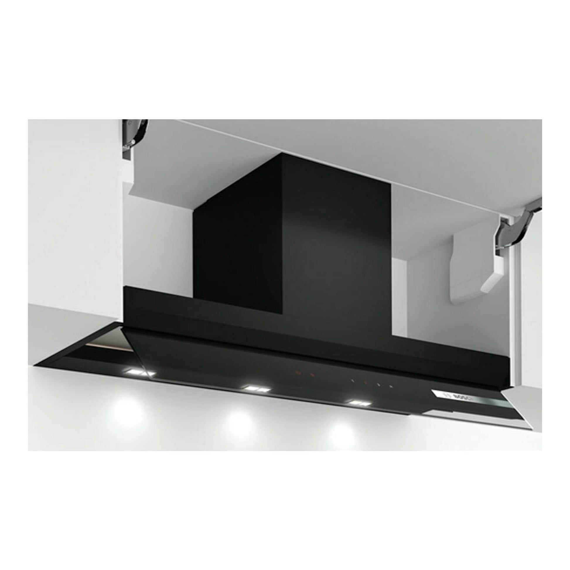 Campana extractora Bosch DBB97AM60 negra, vista frontal inclinada, instalada bajo armarios de cocina.