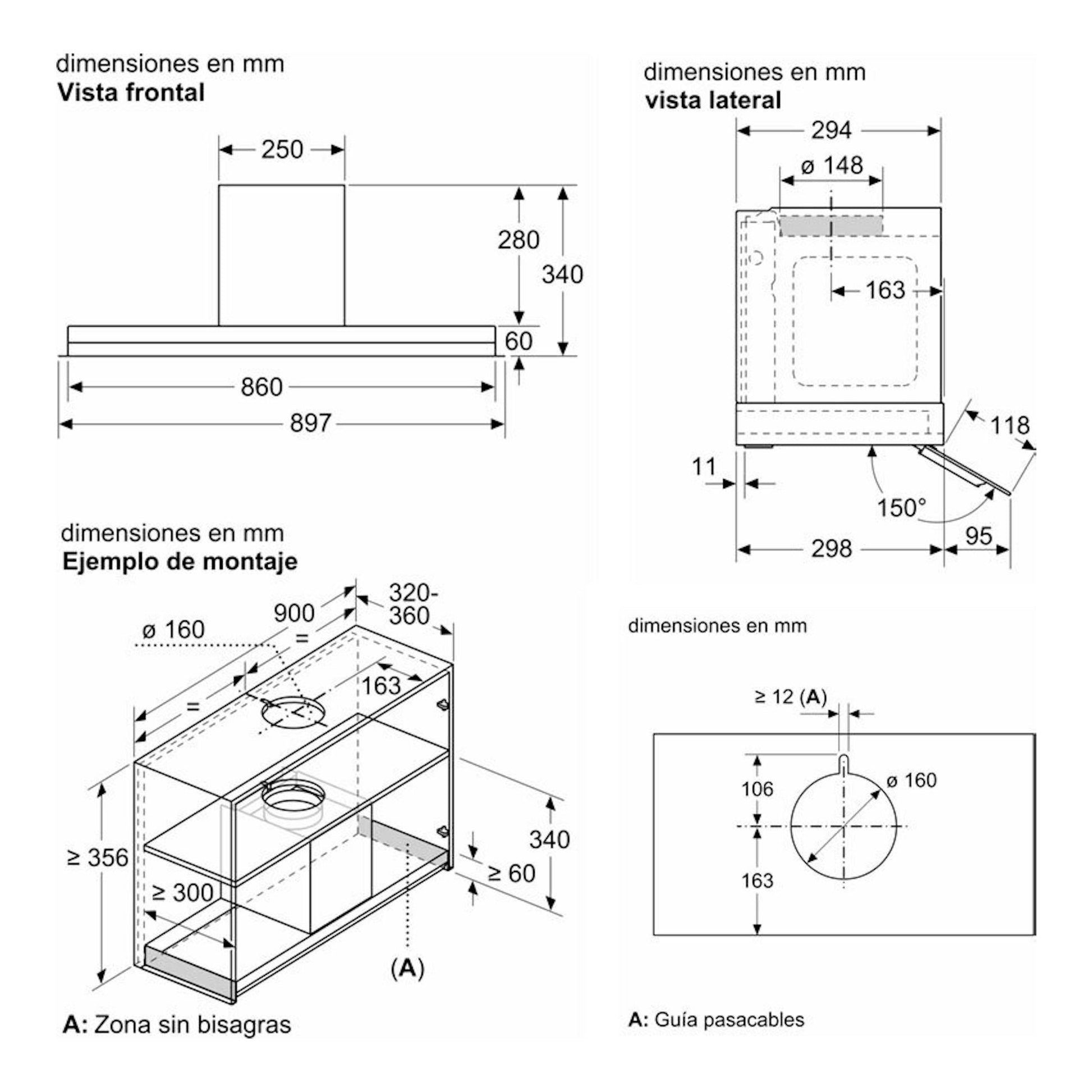 Bosch DBB97AM60: plano técnico de campana extractora, vistas frontal y lateral, con medidas en mm.