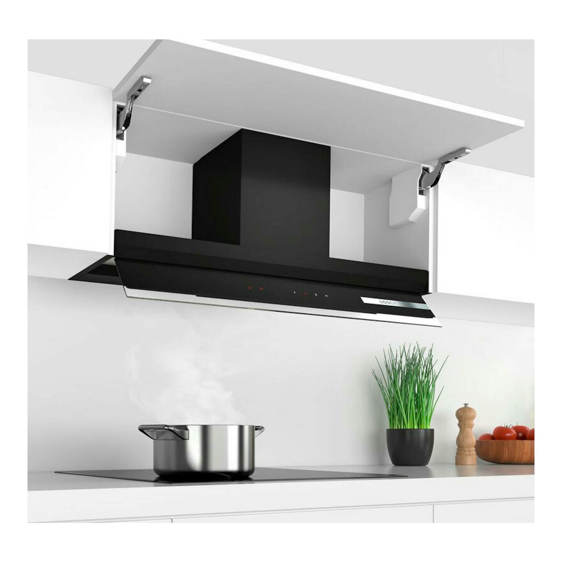Campana Bosch DBB97AM60 negra, vista frontal bajo mueble, sobre placa de cocina.