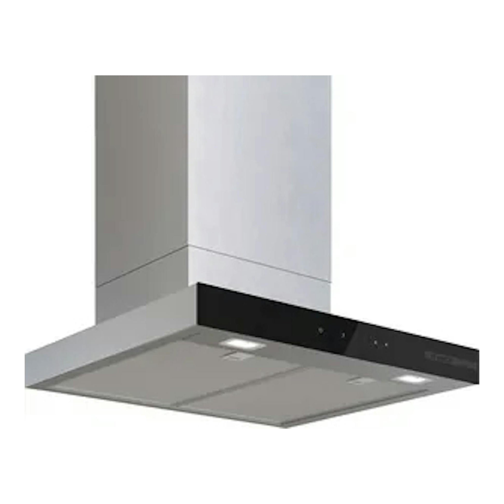 Campana decorativa Bosch DWB67DN30 en acero mate, vista inferior y frontal, con panel negro.