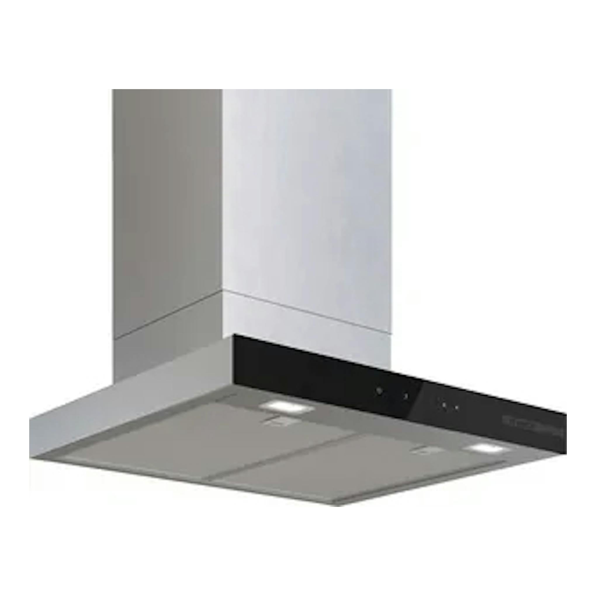 Campana decorativa Bosch DWB67DN30 en acero mate, vista inferior y frontal, con panel negro.