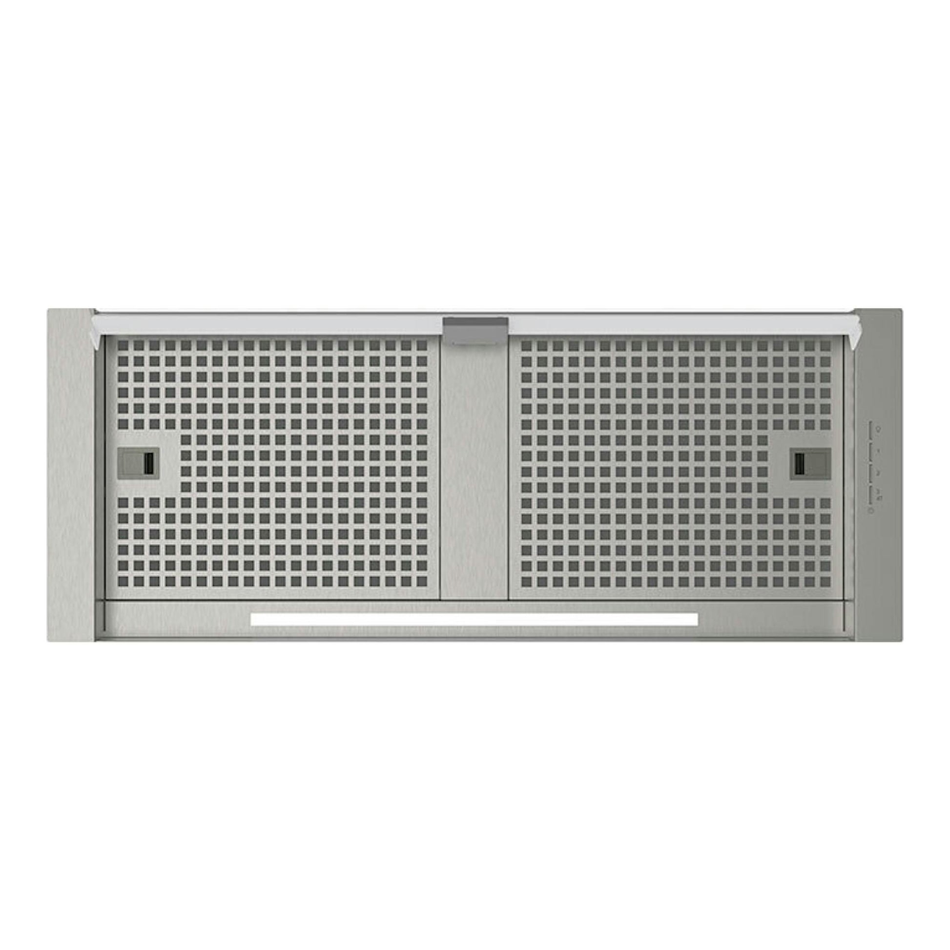 Campana Cata CoronaX80 Inox de acero inoxidable, vista frontal, con dos paneles perforados y barra de luz inferior.