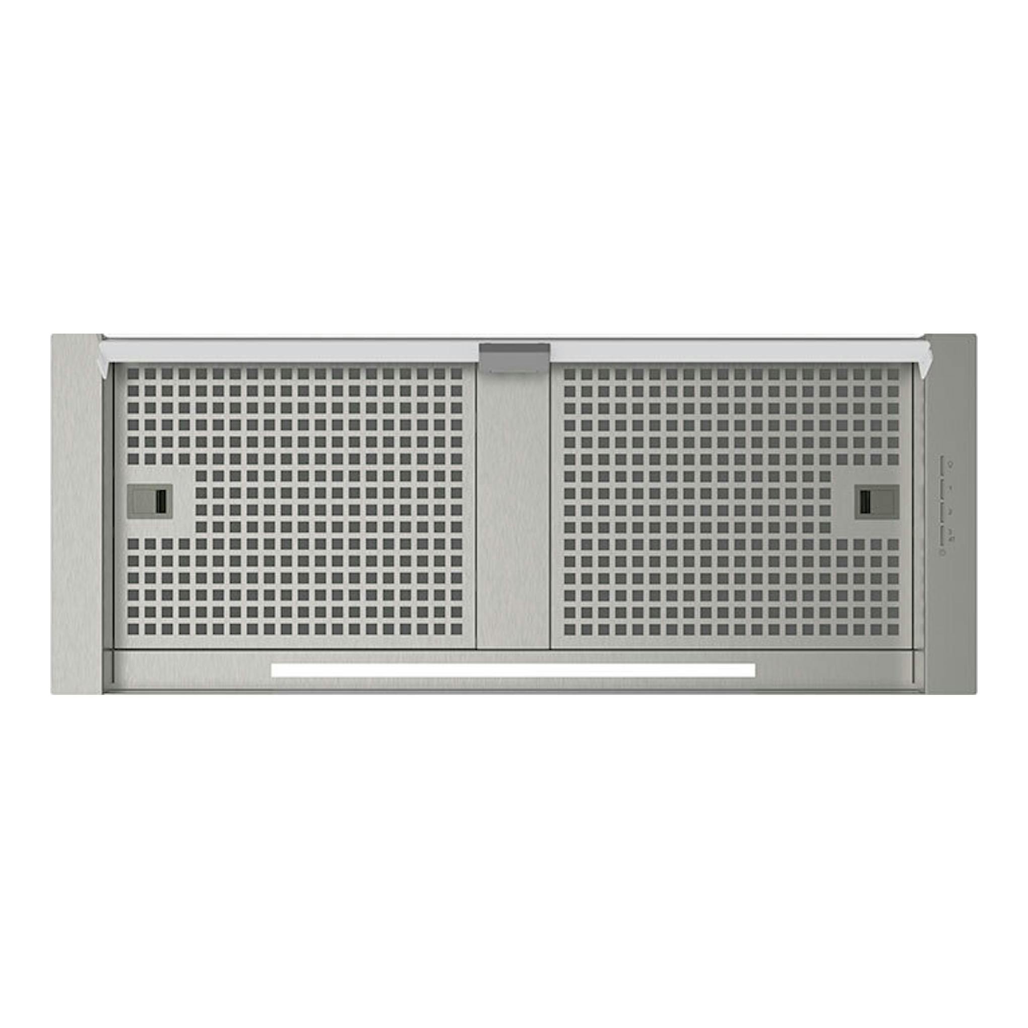Campana Cata CoronaX80 Inox de acero inoxidable, vista frontal, con dos paneles perforados y barra de luz inferior.