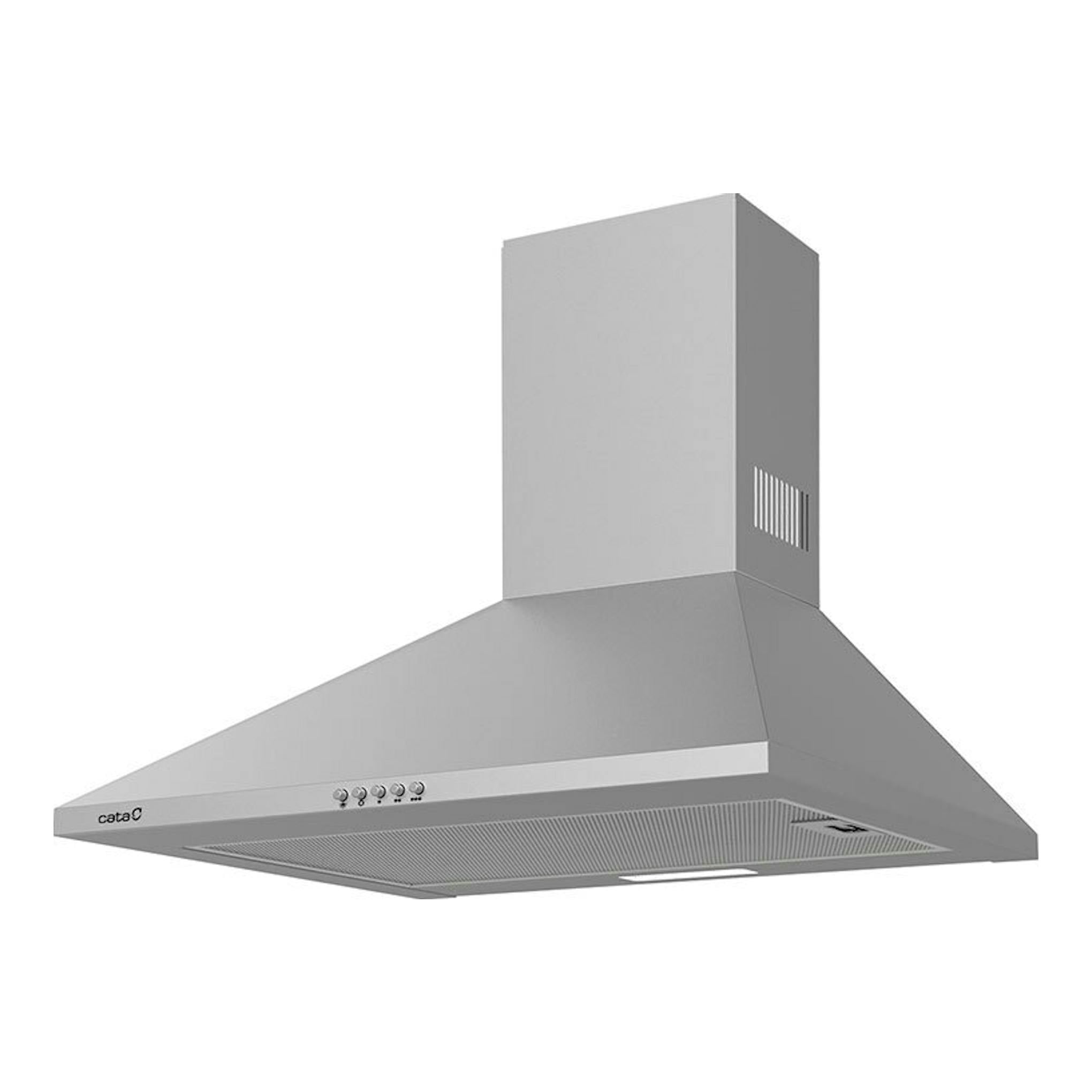 Campana extractora Cata OMEGAII600X inox, vista en ángulo de tres cuartos, color plateado.