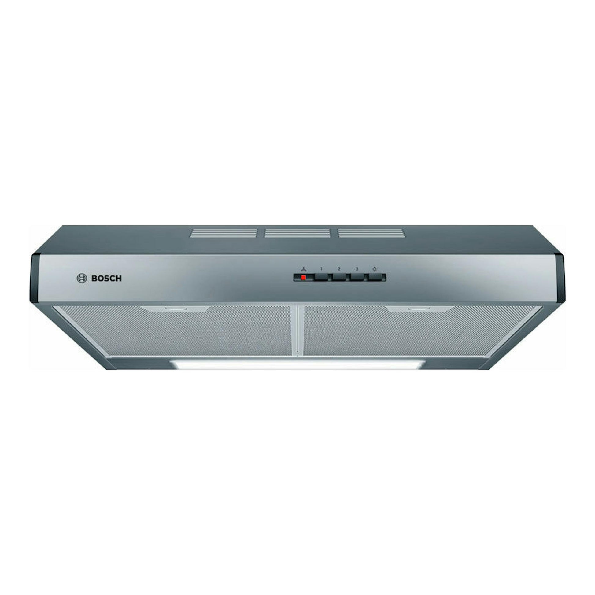 Campana convencional Bosch DUL63CC55 inox, vista frontal, con panel gris y filtros metálicos.