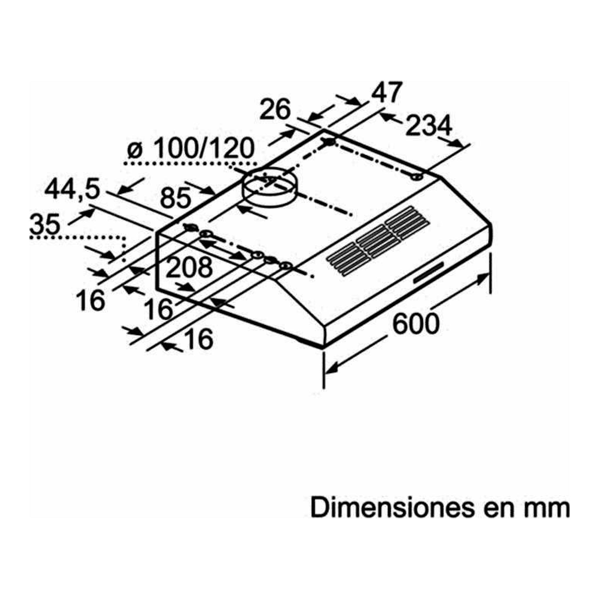 Bosch DUL63CC55 Inox: dibujo técnico de campana extractora, vista en perspectiva con medidas en mm.