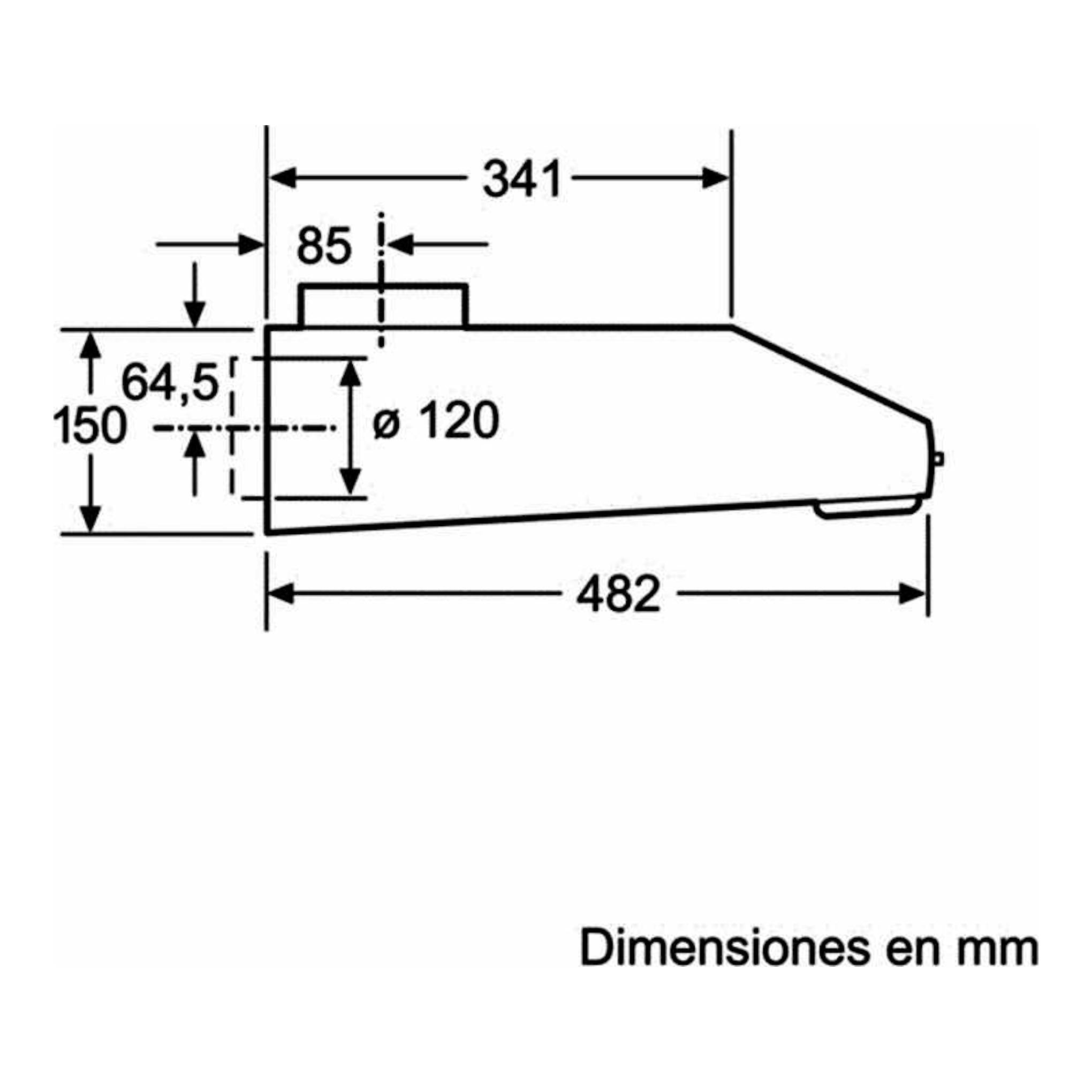 Bosch DUL63CC55 Inox: dibujo técnico lateral de campana extractora con medidas en mm.