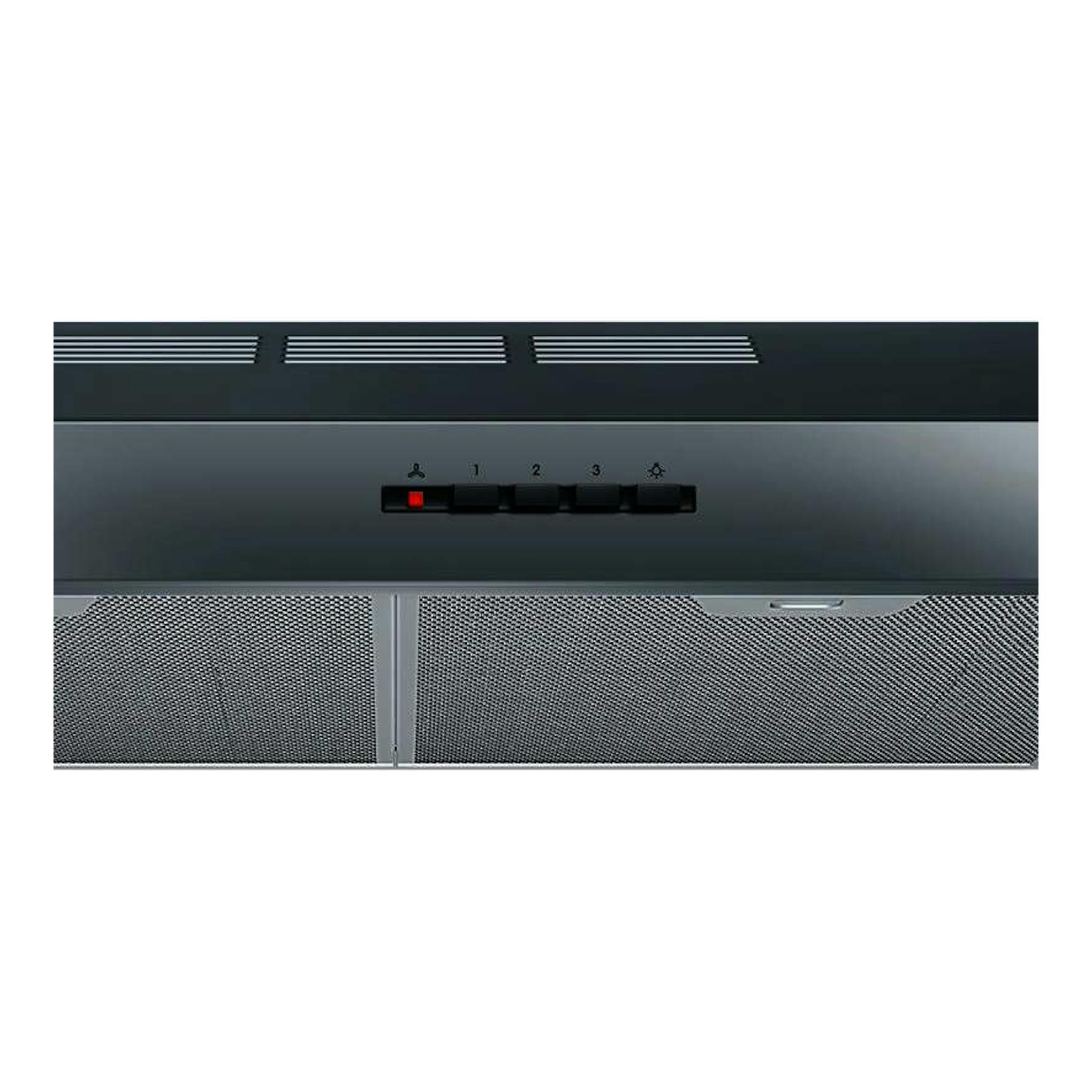 Campana extractora Bosch DUL63CC55 inox, vista frontal, con filtros metálicos y botones de control.