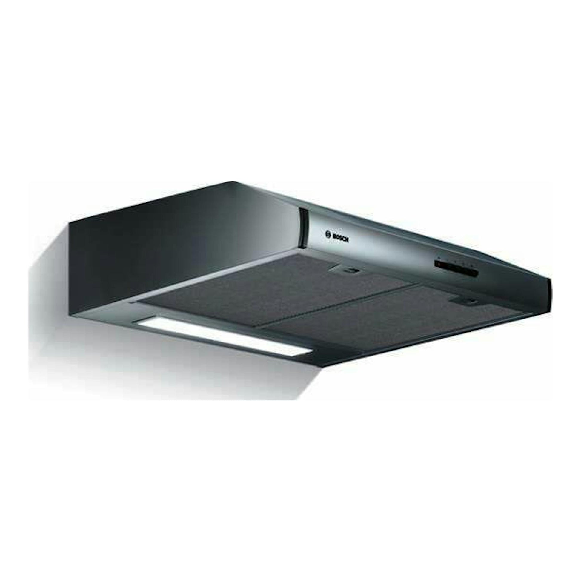 Campana extractora Bosch DUL63CC55 en inox, vista frontal inferior sobre fondo blanco.