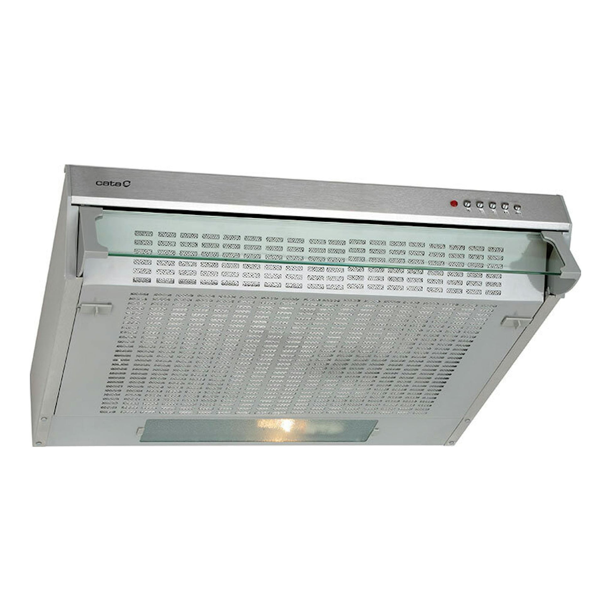 Campana extractora Cata FK SLIM 6000X inox, vista inferior en ángulo, con panel frontal y filtro.