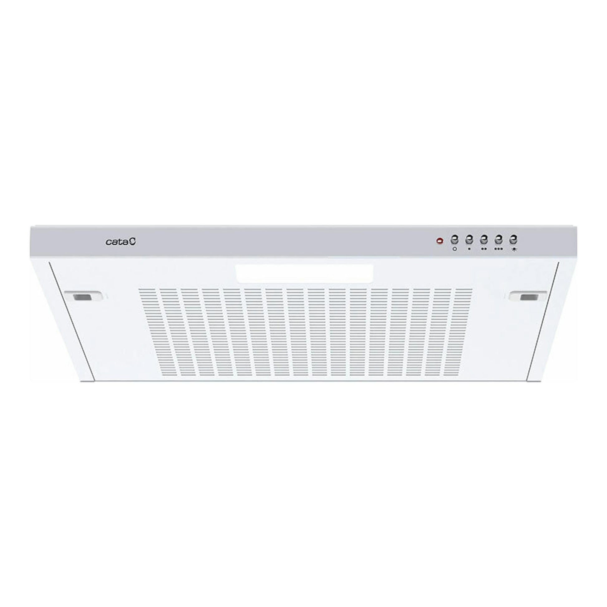 Campana extractora Cata LFK 6001 blanca de 60 cm, vista inferior frontal con panel y rejilla.