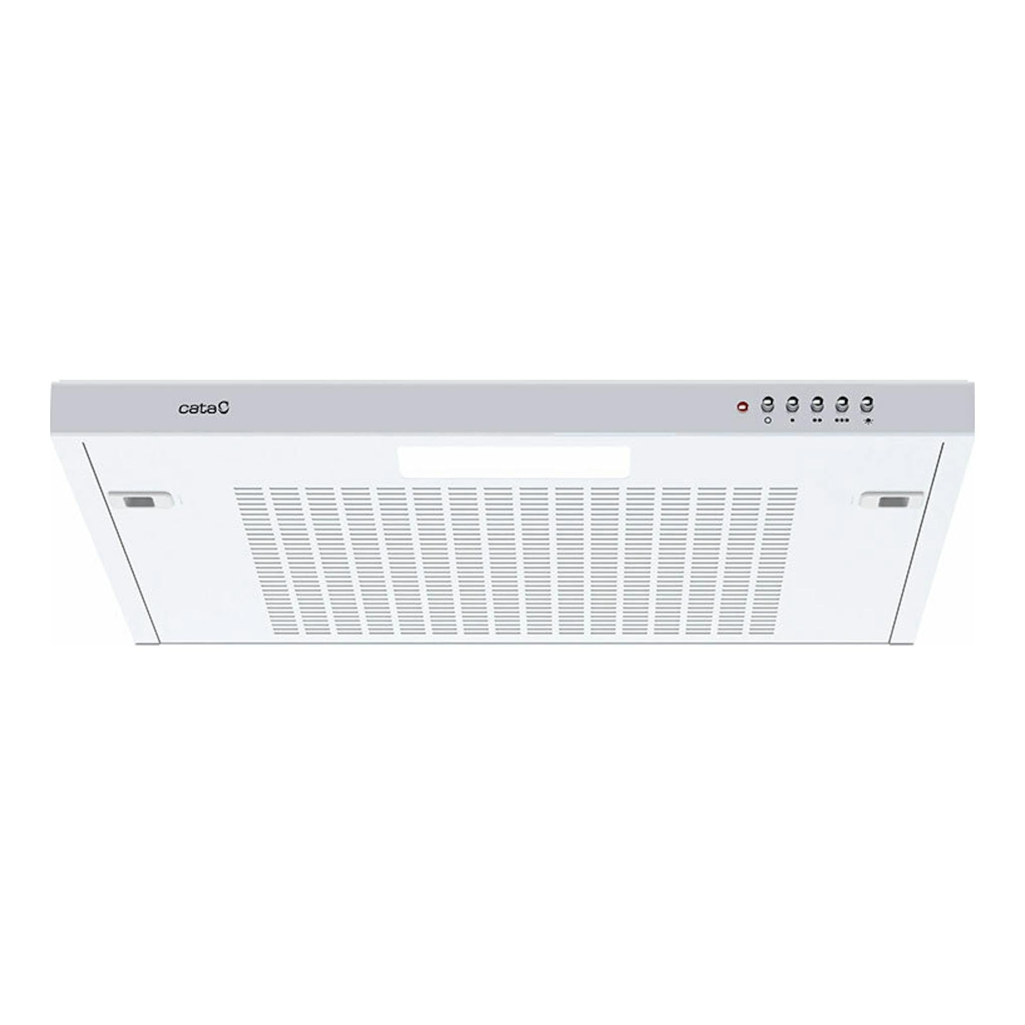Campana extractora Cata LFK 6001 blanca de 60 cm, vista inferior frontal con panel y rejilla.