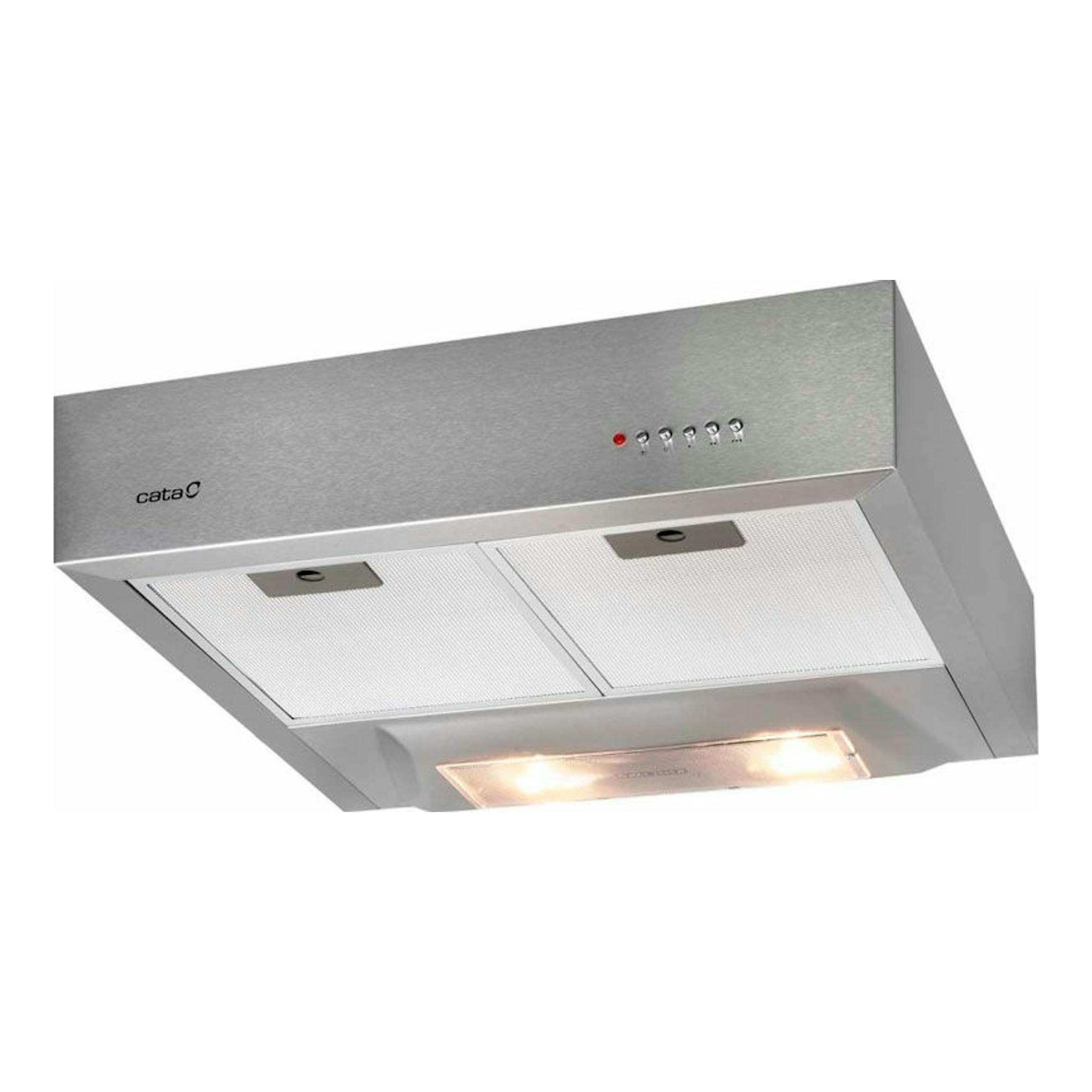 Campana extractora Cata S BOX Inox de acero inoxidable, vista inferior en ángulo, con dos filtros y luz.