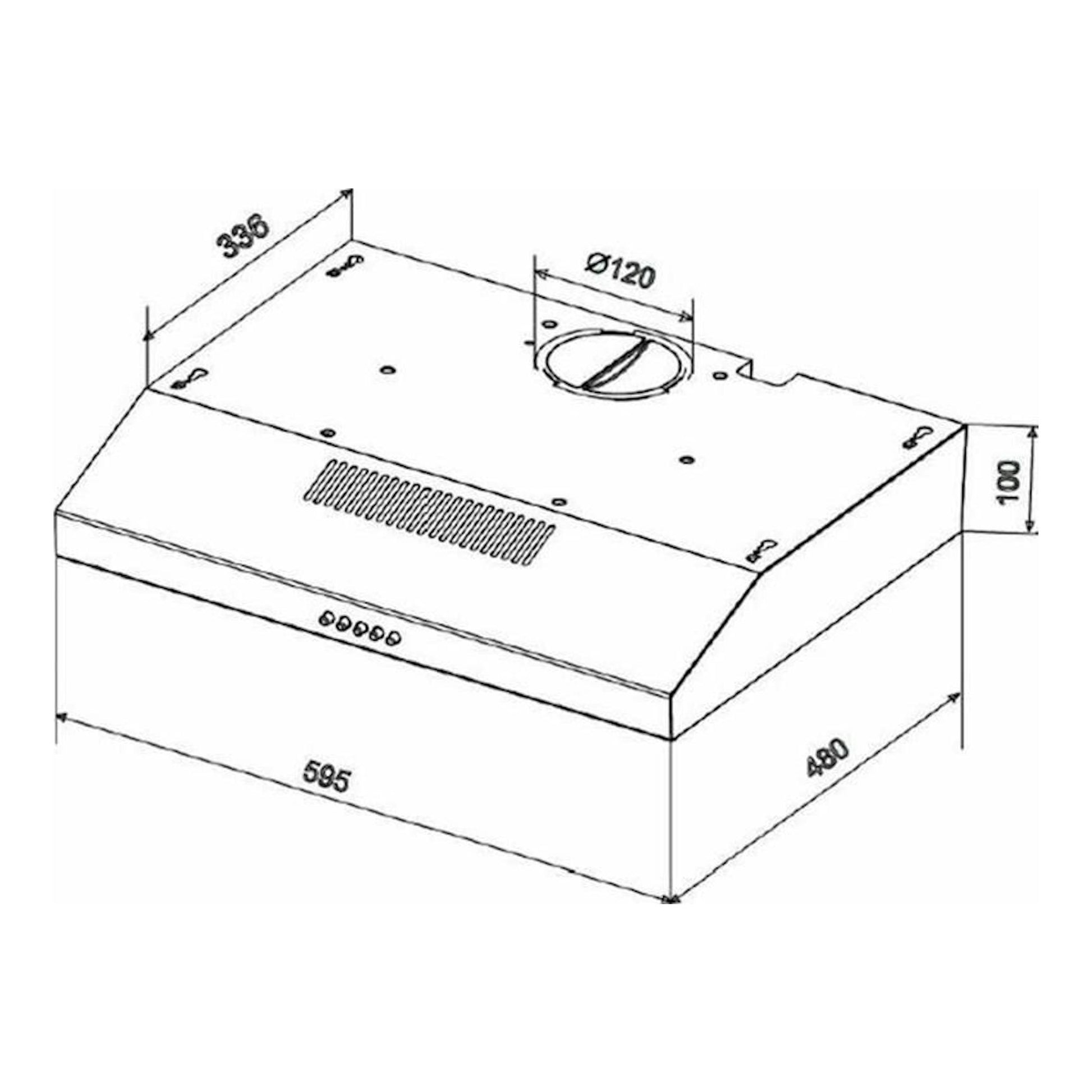 Mepamsa Brisa Plus 60 X Inox, campana extractora en vista isométrica con dibujo técnico y medidas.