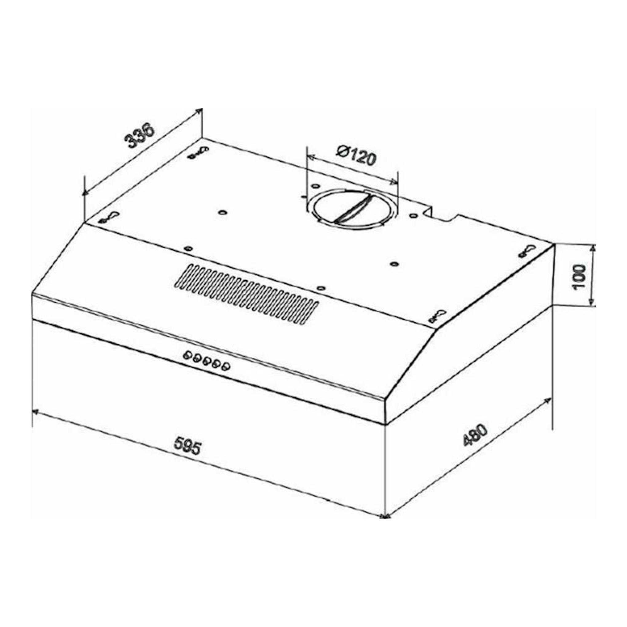 Mepamsa Brisa Plus 60 X Inox, campana extractora en vista isométrica con dibujo técnico y medidas.