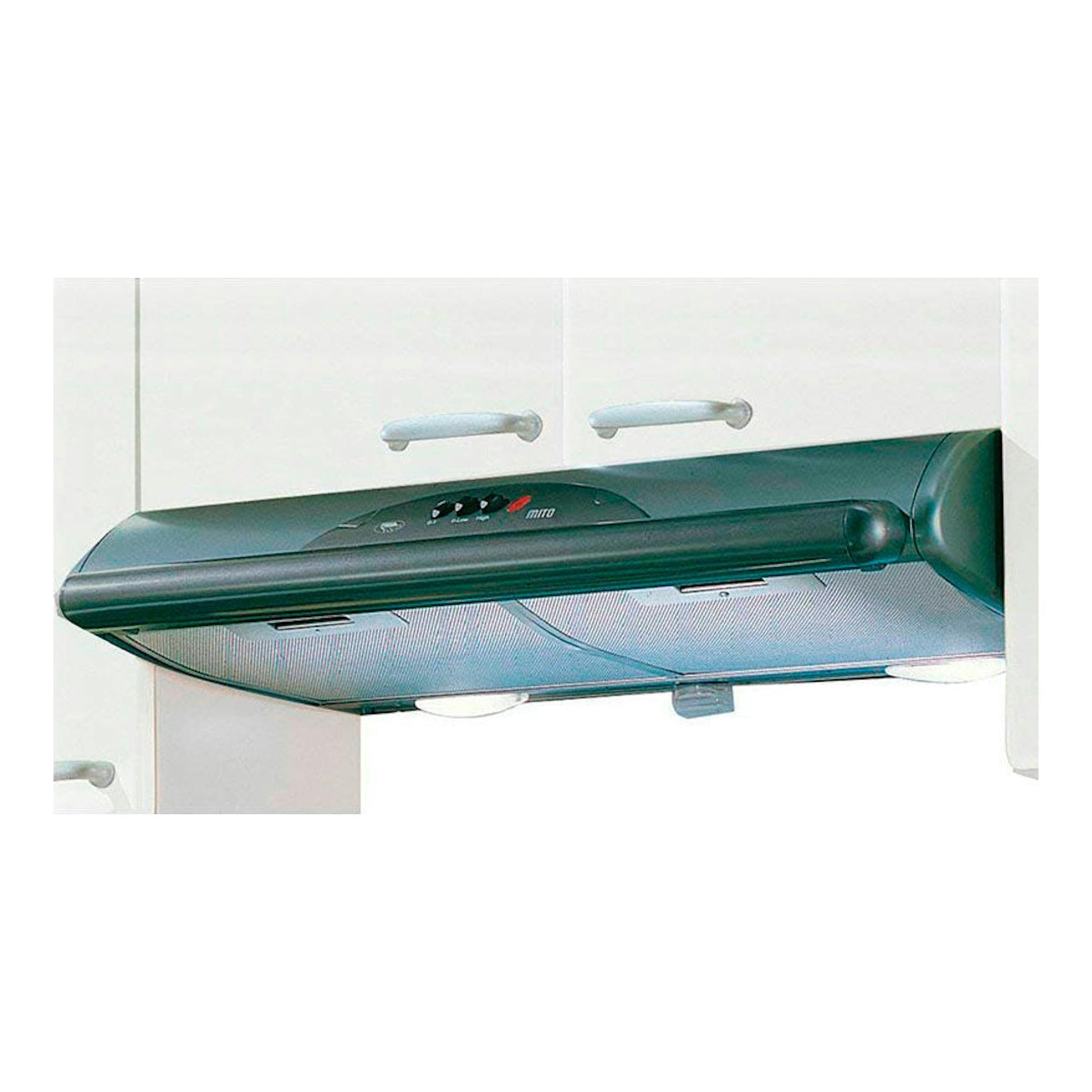 Campana extractora Mepamsa Mito Jet 60 gris metal, vista frontal bajo mueble de cocina.