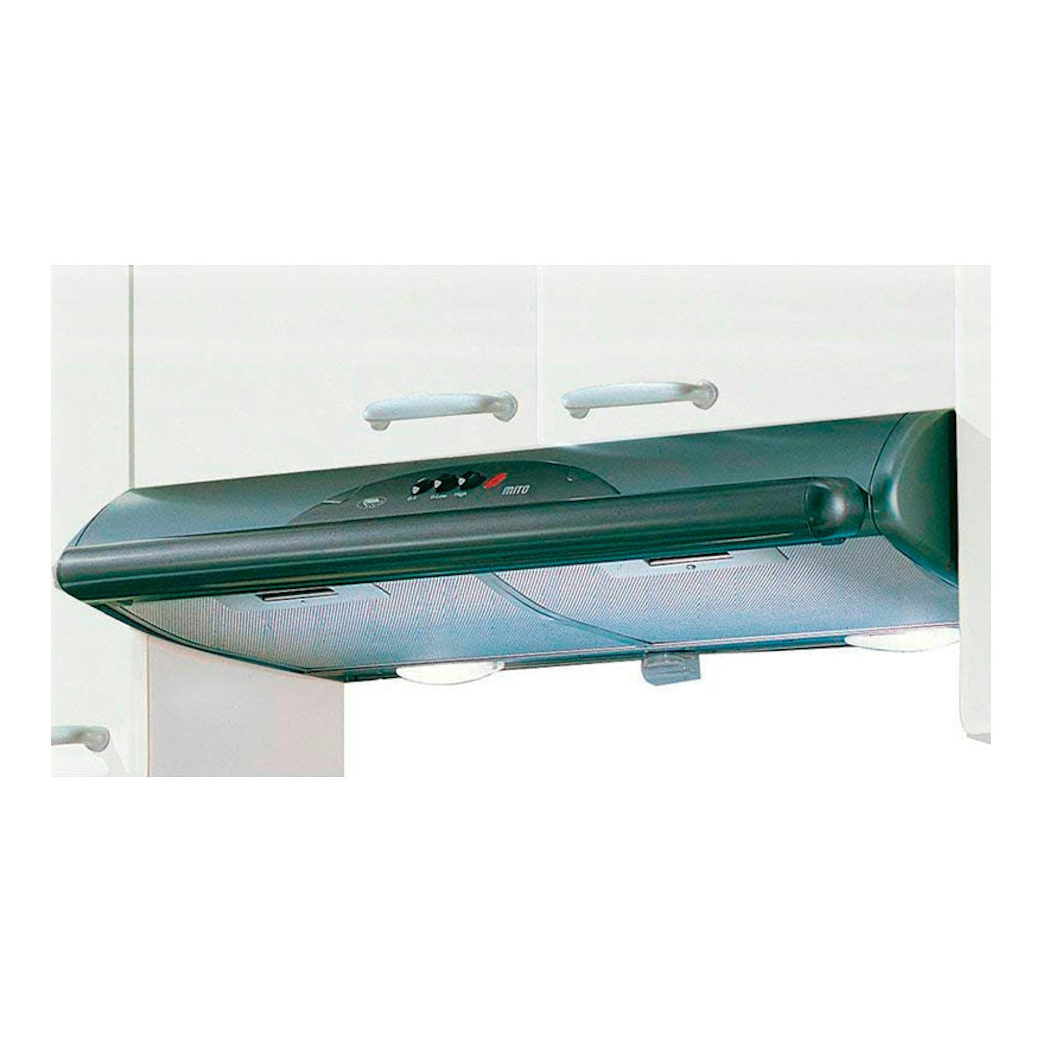 Campana extractora Mepamsa Mito Jet 60 gris metal, vista frontal bajo mueble de cocina.