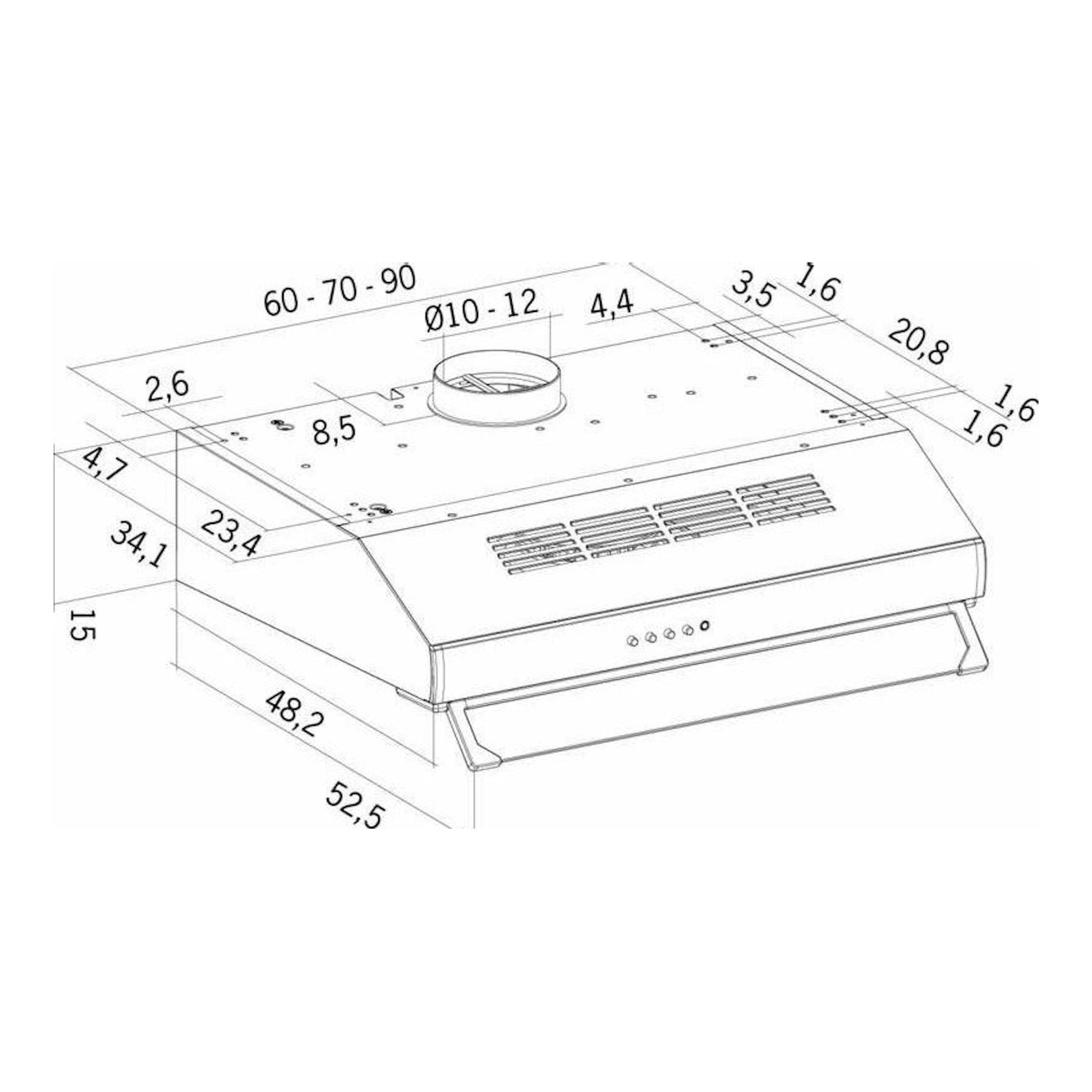 Campana Mepamsa Modena 60, dibujo técnico en vista isométrica con medidas.