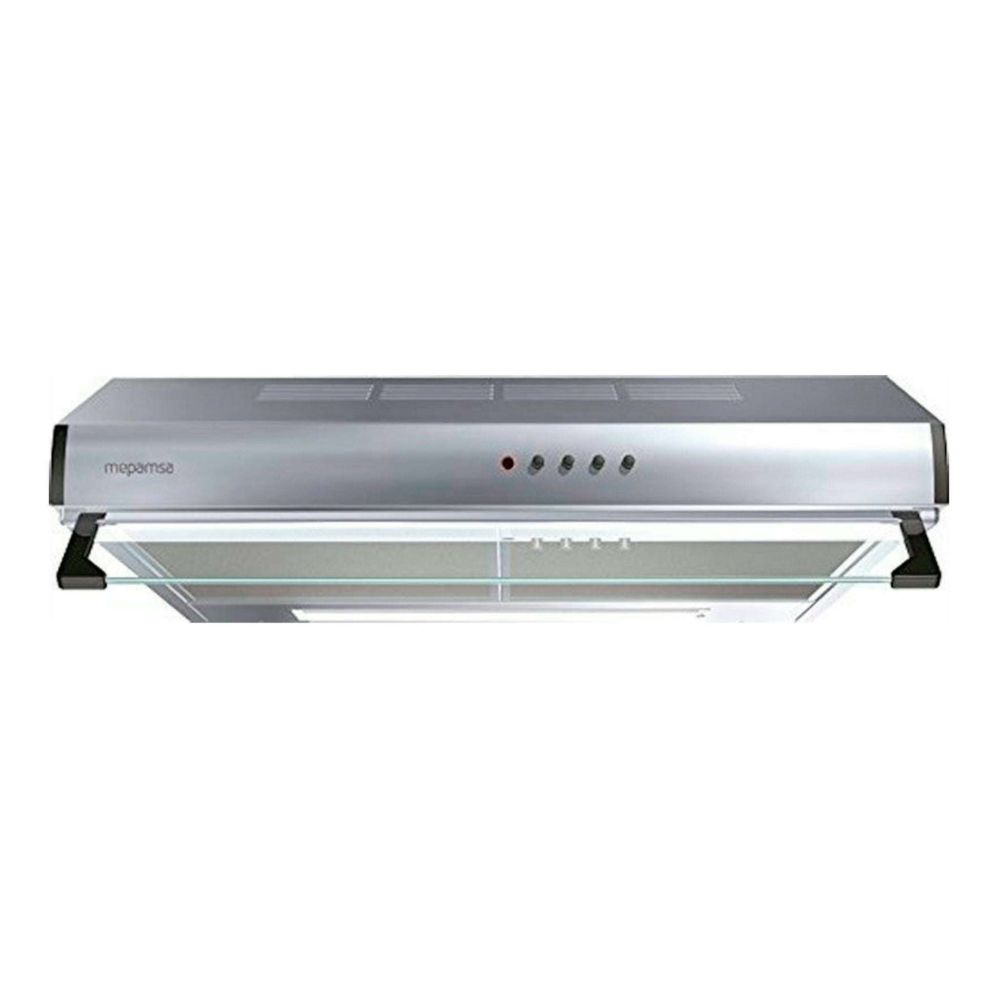 Campana extractora Mepamsa Modena 90 inox, vista frontal, acabado acero inoxidable y visera de cristal.