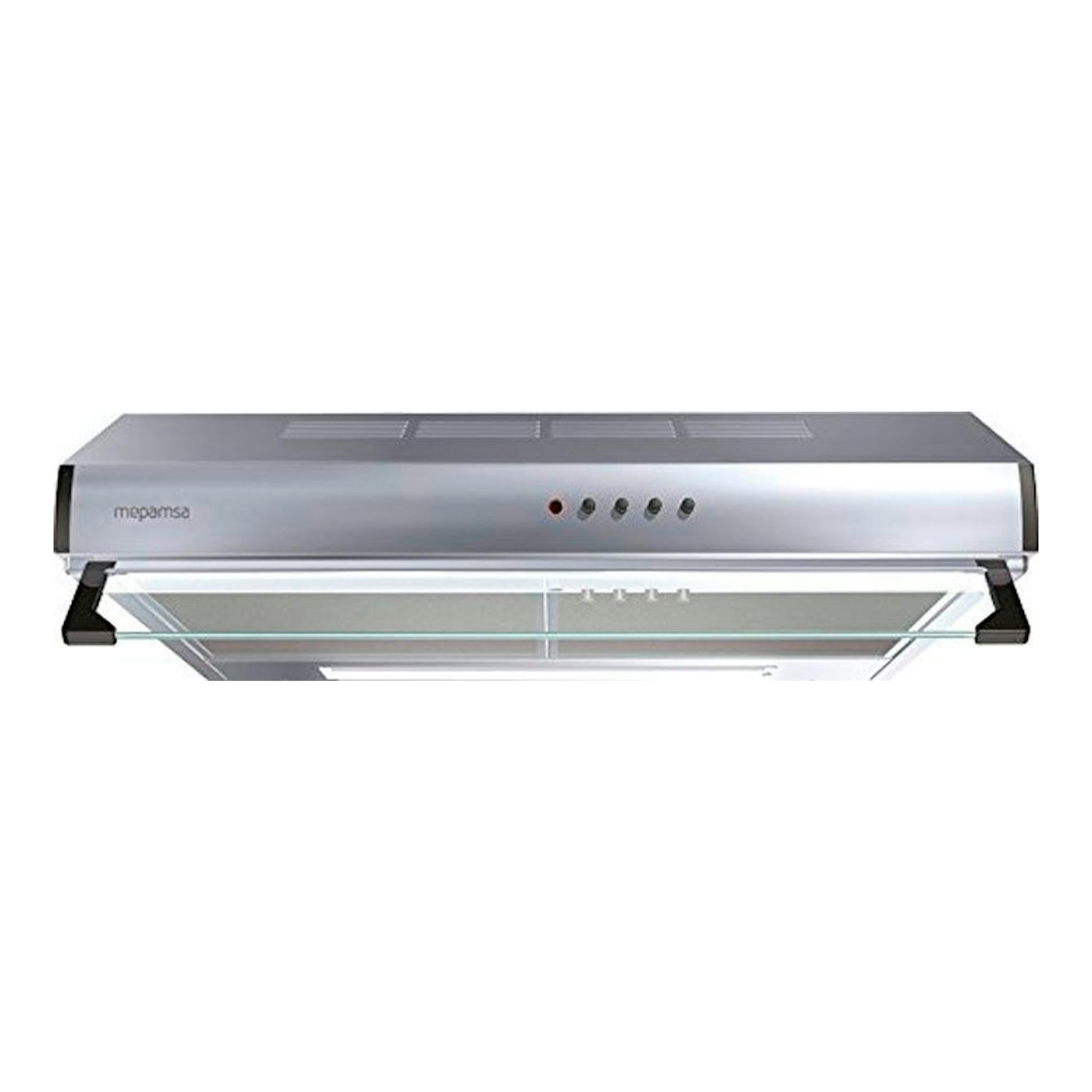 Campana extractora Mepamsa Modena Inox 70 cm, vista frontal, acero inoxidable y visor de cristal.
