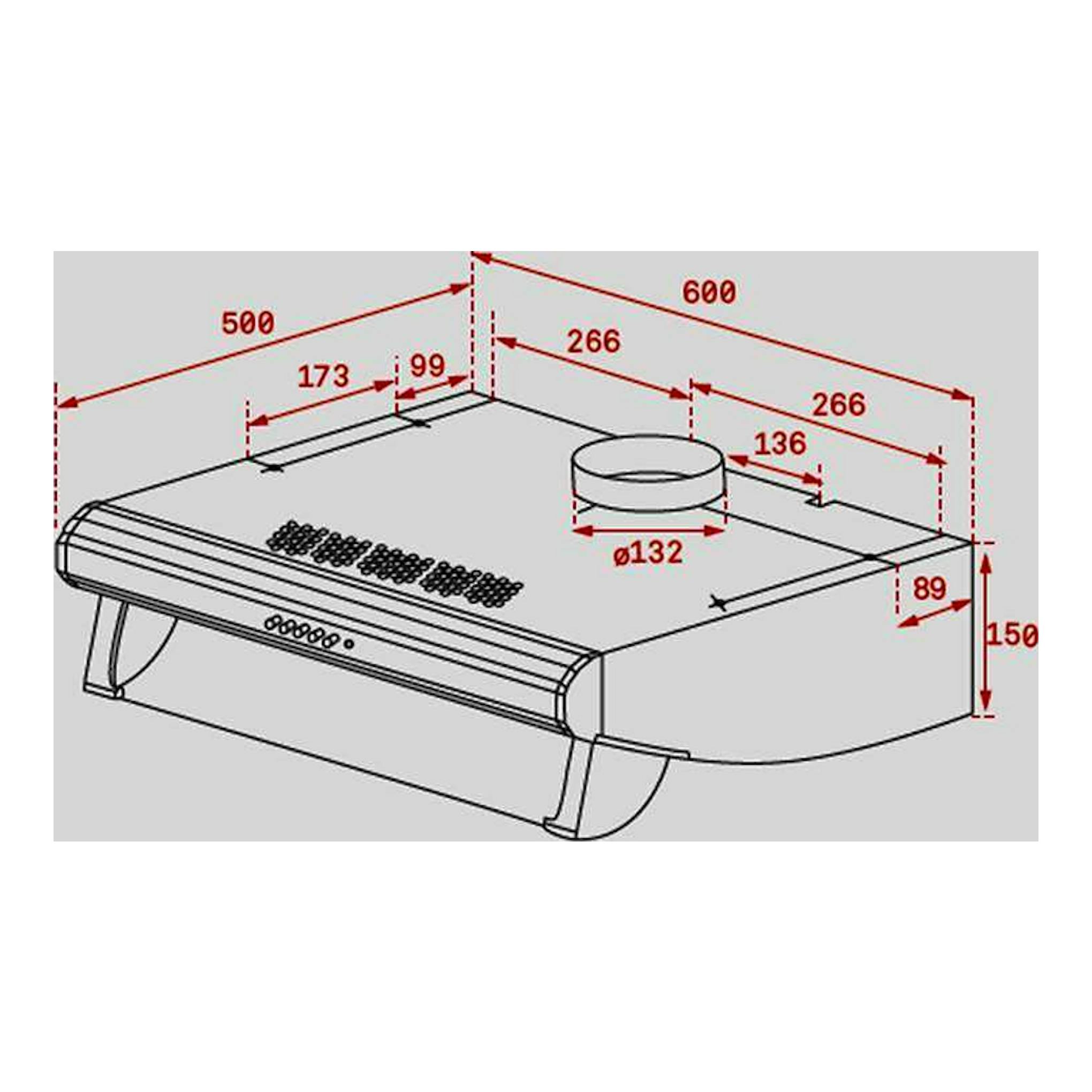 Teka C 6310 Inox, campana extractora en dibujo técnico isométrico, vista frontal y superior, color gris.