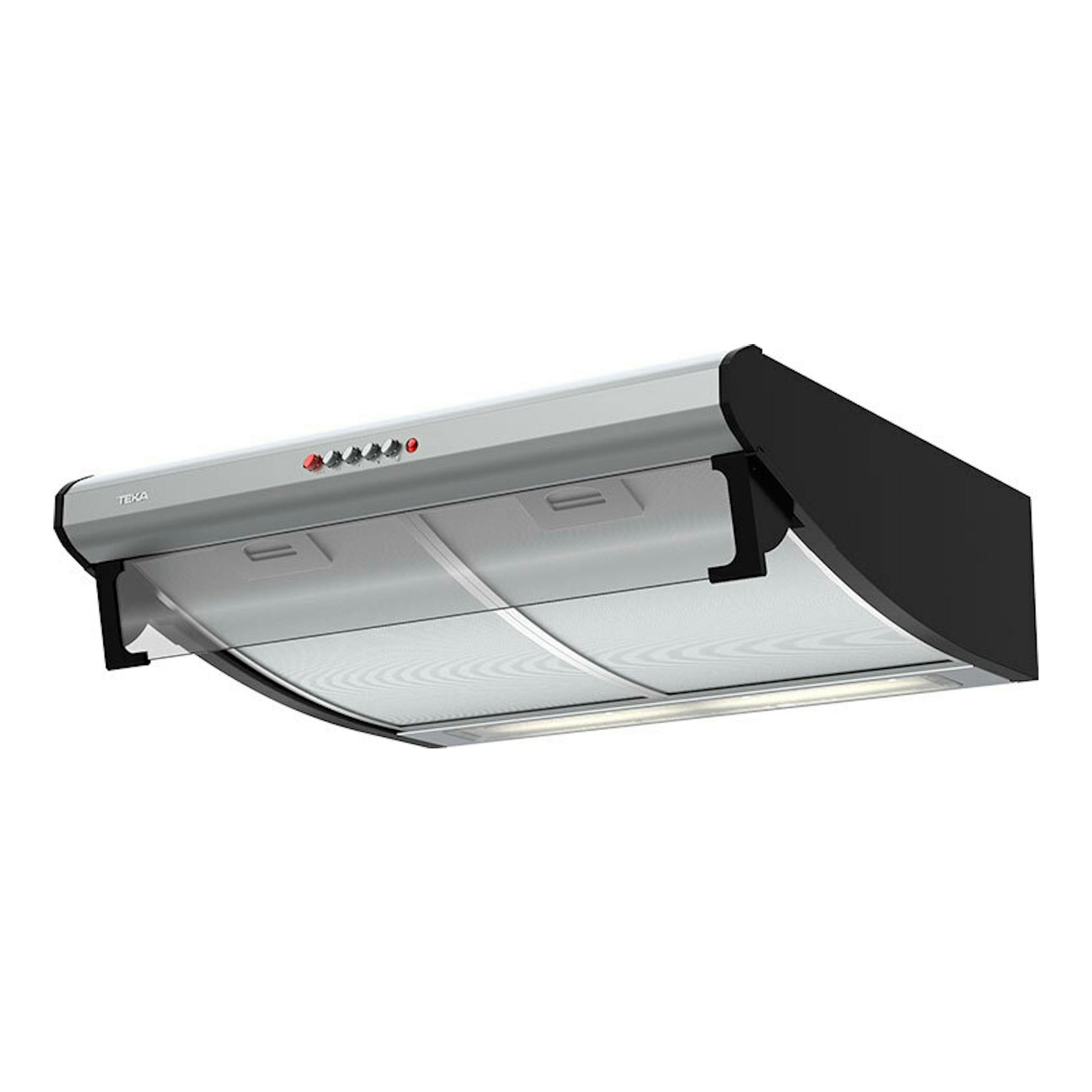 Campana extractora Teka C 6310 Inox, vista en ángulo, frontal inferior en acero inoxidable y negro.