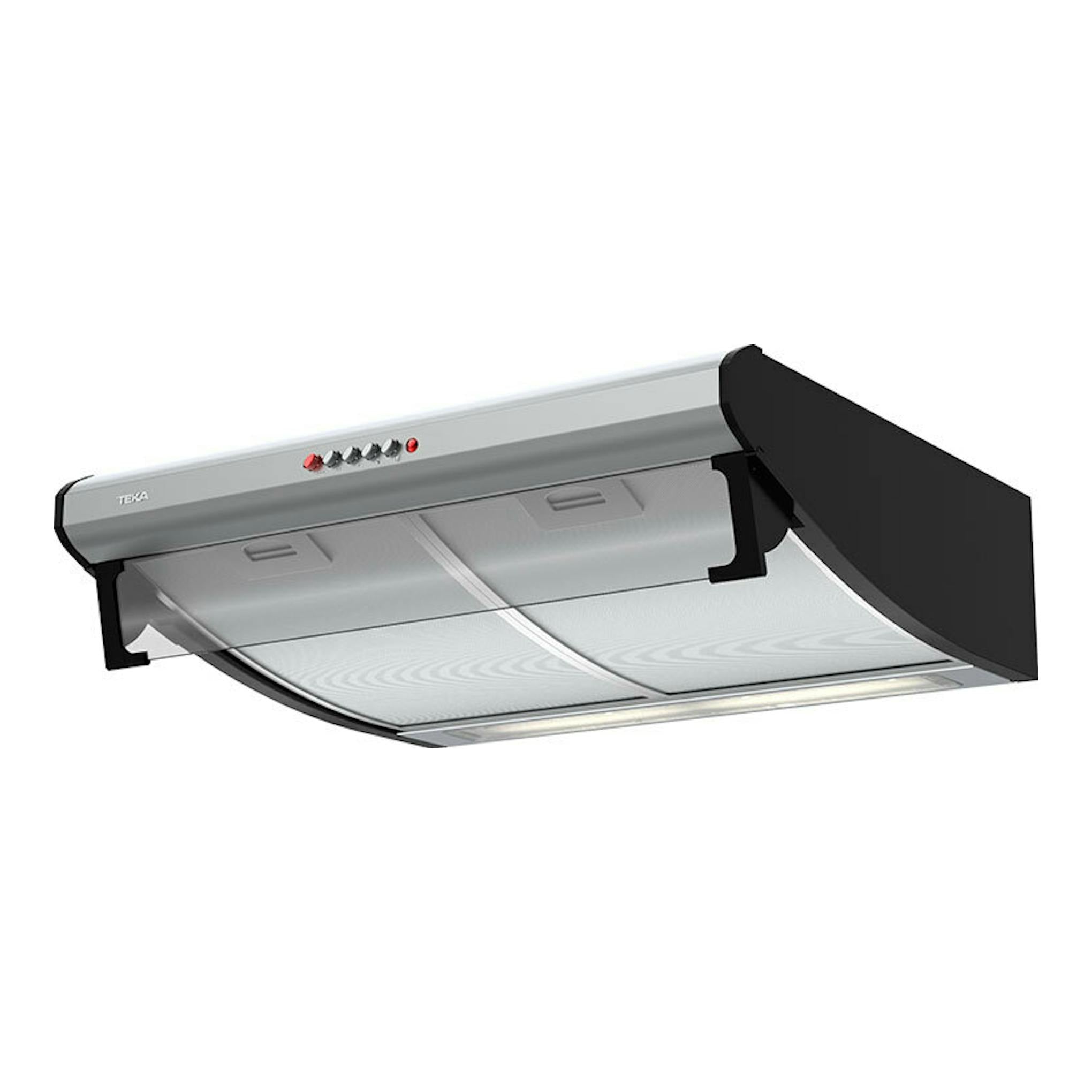 Campana extractora Teka C 6310 Inox, vista en ángulo, frontal inferior en acero inoxidable y negro.