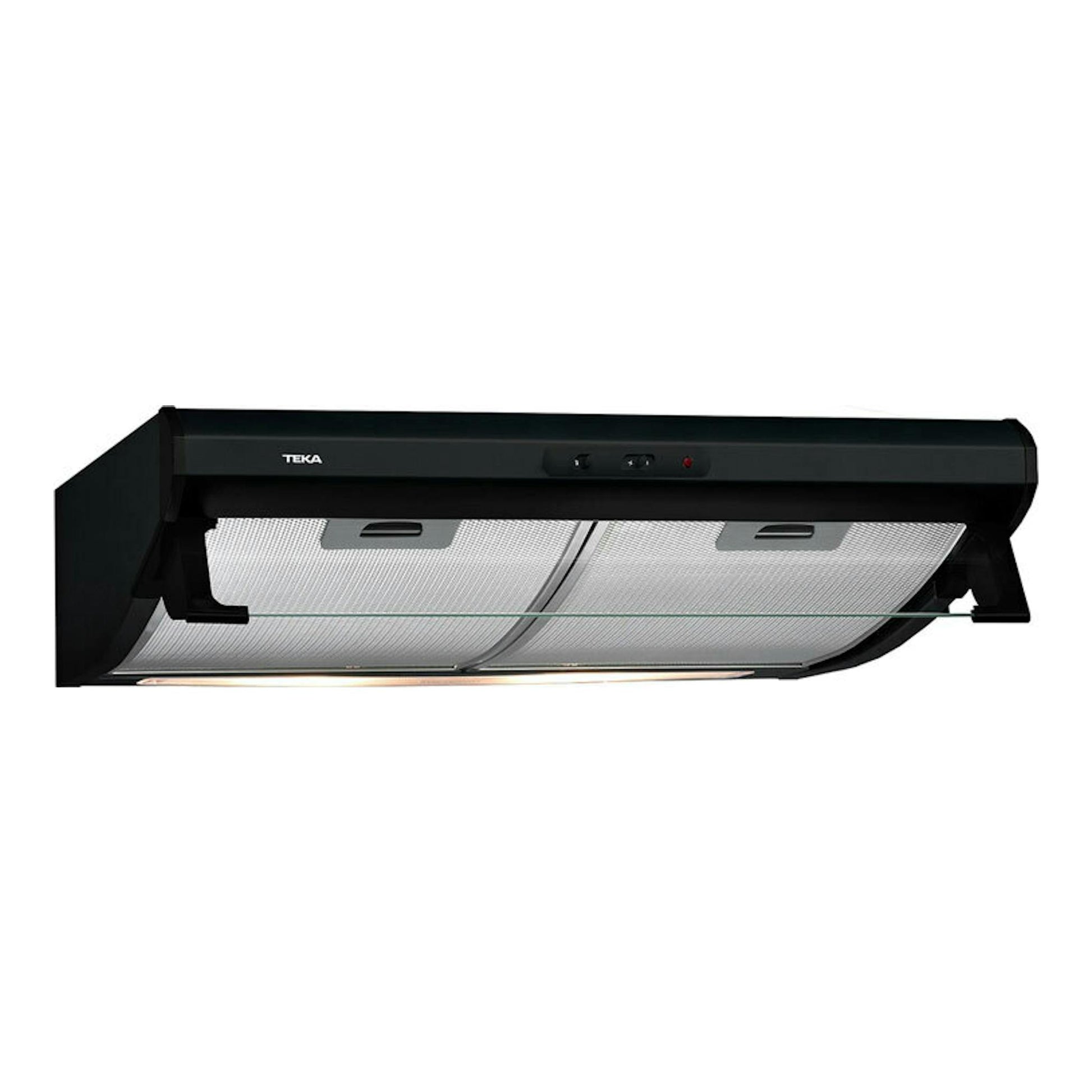 Campana convencional Teka C 6310 negra, vista frontal, con panel de vidrio y filtros metálicos.