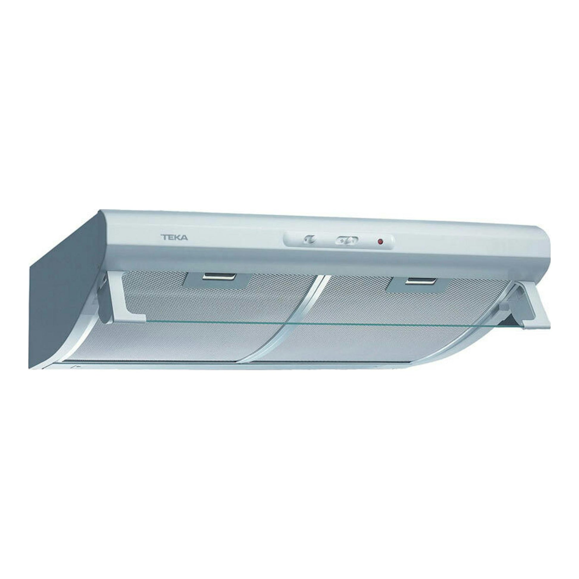 Campana extractora Teka C 6420 blanca, vista frontal en ángulo, con filtros metálicos.