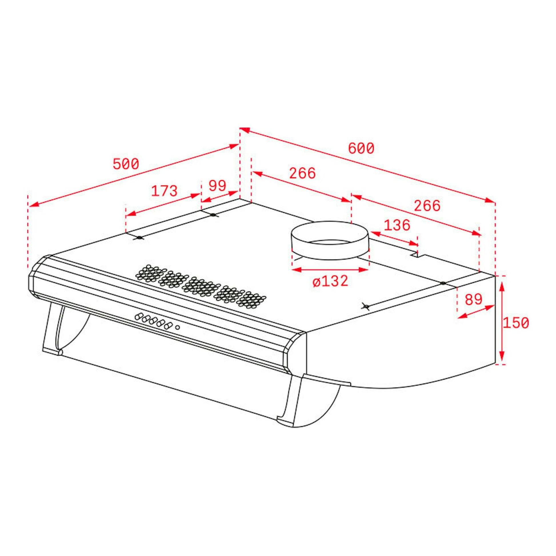 Campana Teka C 6420 blanca, vista isométrica con medidas y salida superior circular.