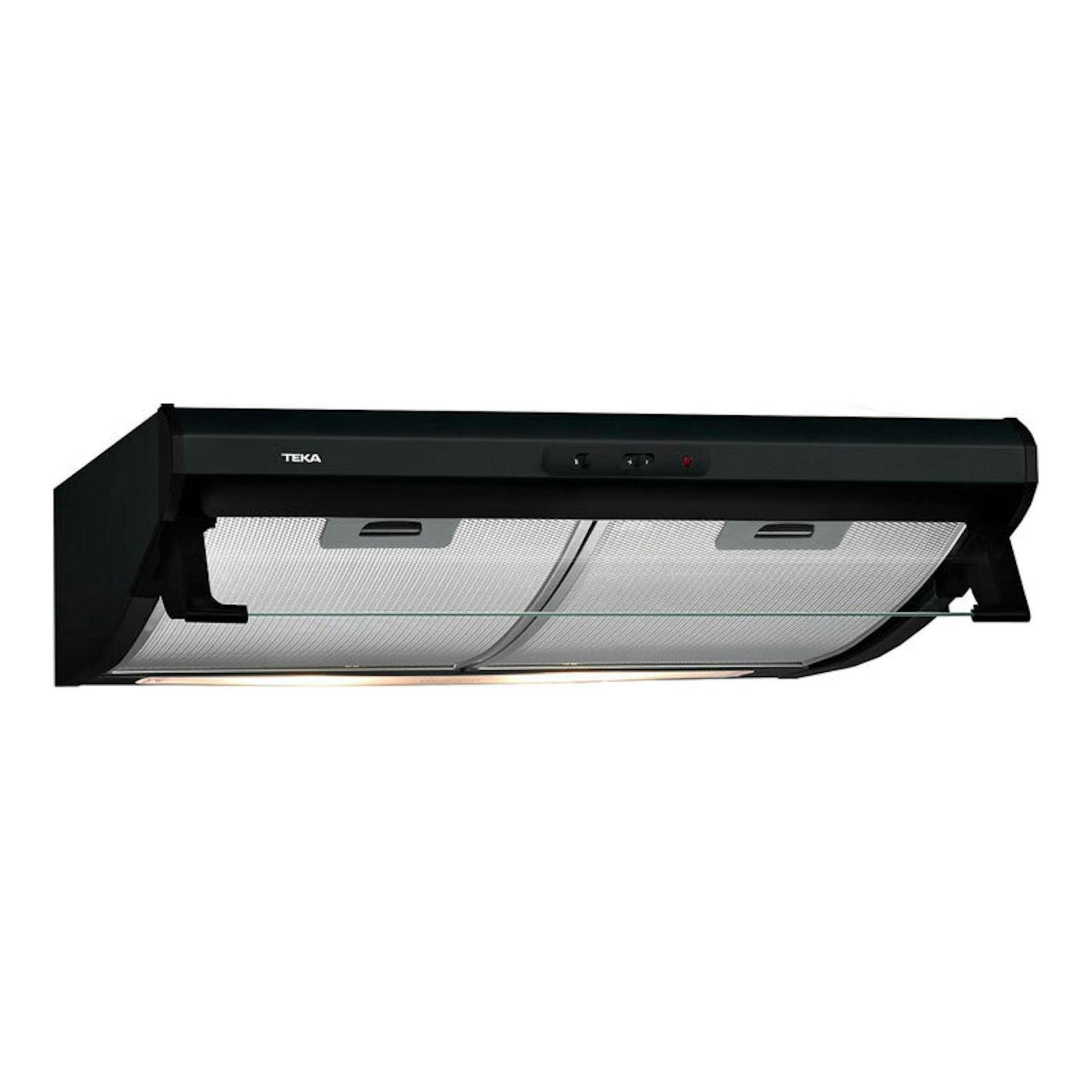 Campana extractora Teka C 6420 negra, vista frontal, con filtros metálicos y panel de mandos.