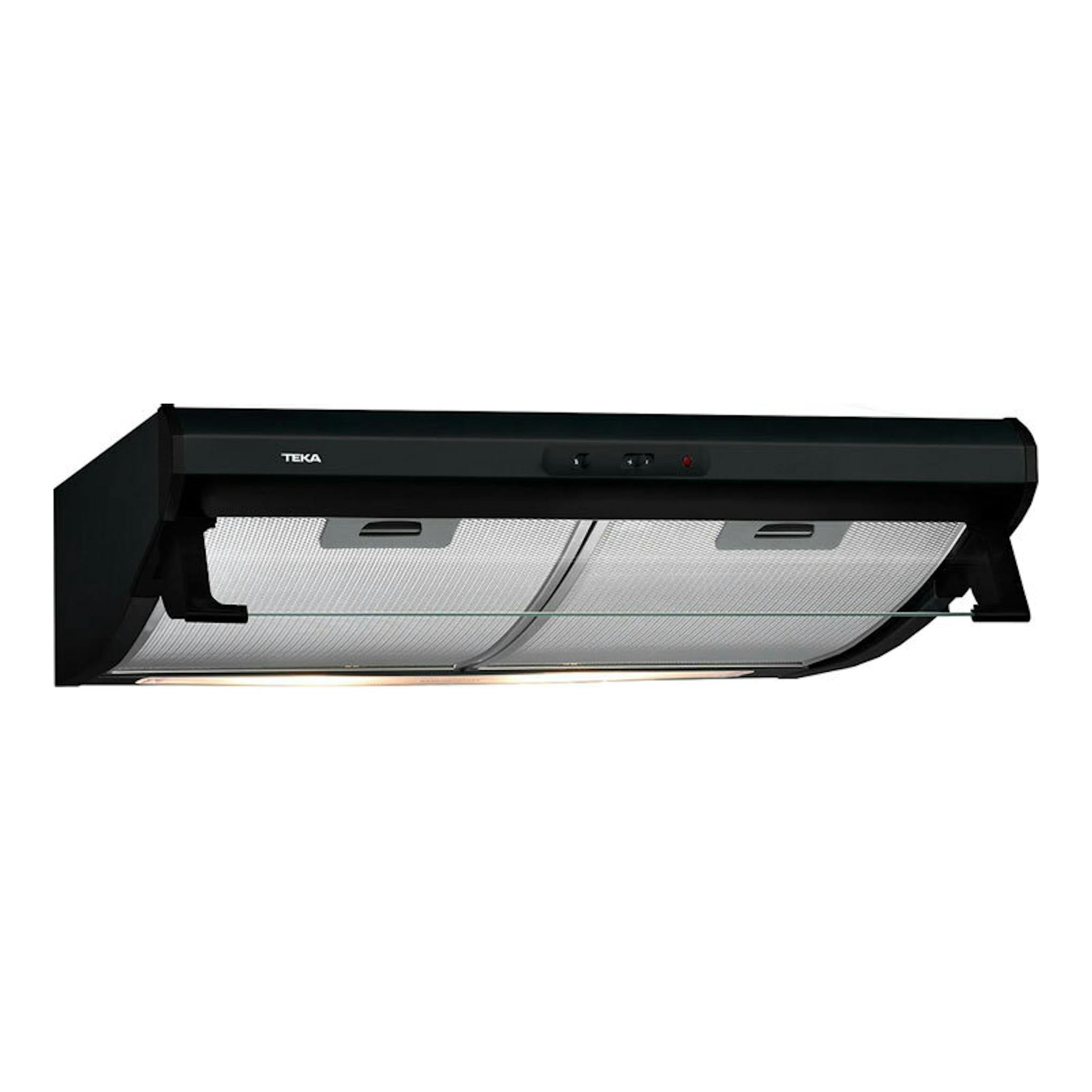 Campana extractora Teka C 6420 negra, vista frontal, con filtros metálicos y panel de mandos.