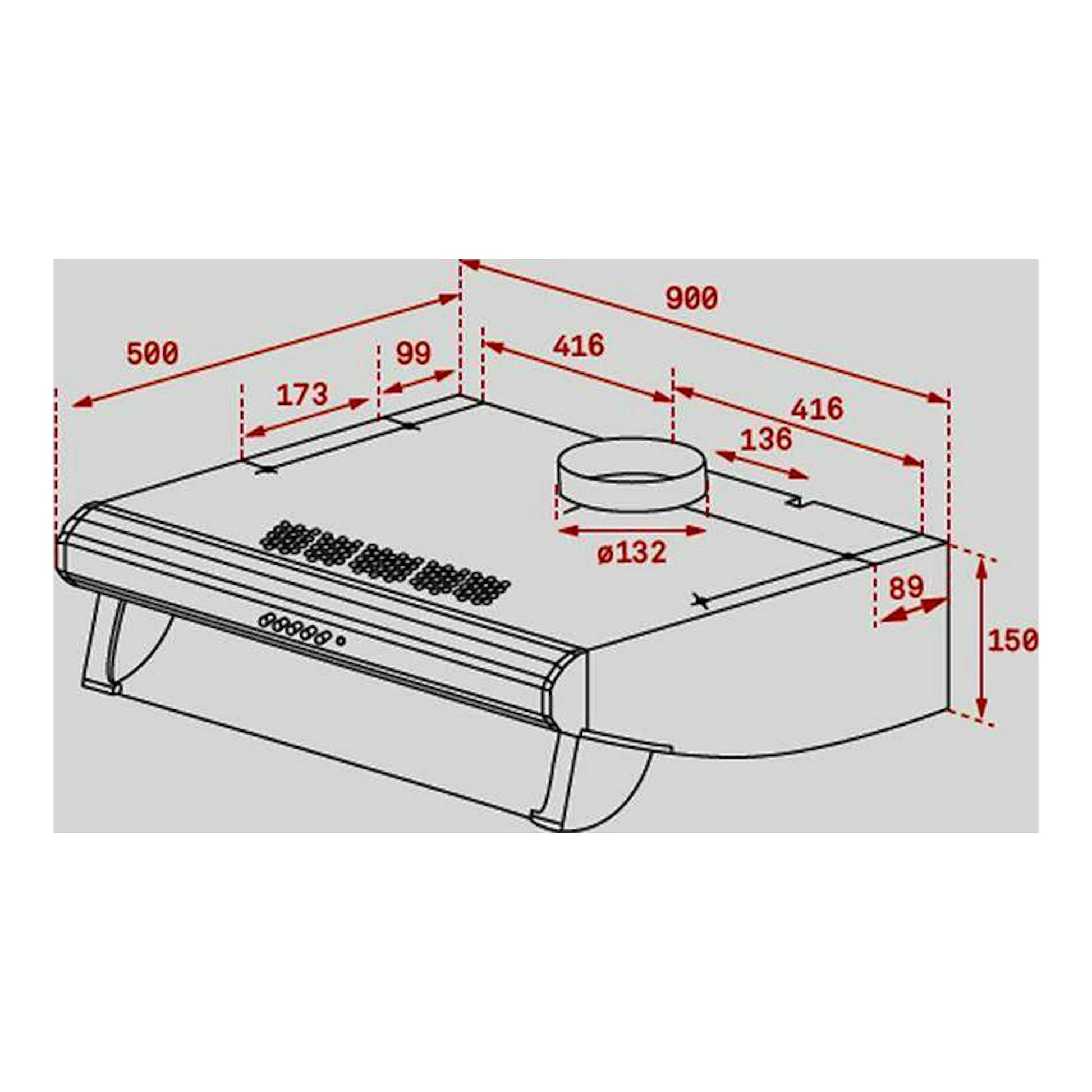Dibujo técnico en perspectiva de la campana Teka C 9420 Inox, vista superior y frontal, con medidas.