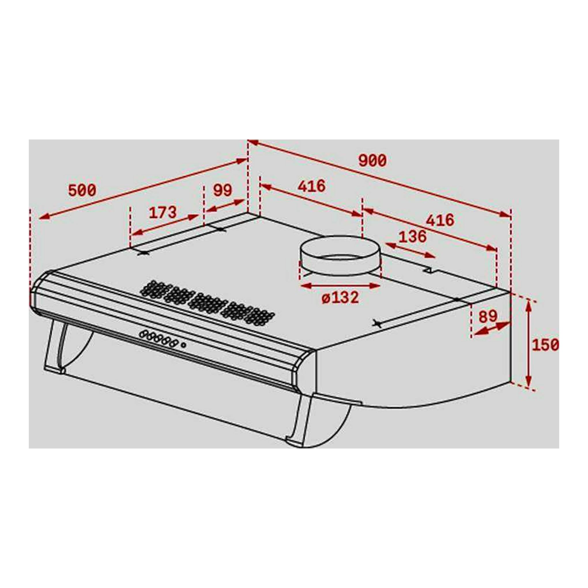 Dibujo técnico en perspectiva de la campana Teka C 9420 Inox, vista superior y frontal, con medidas.