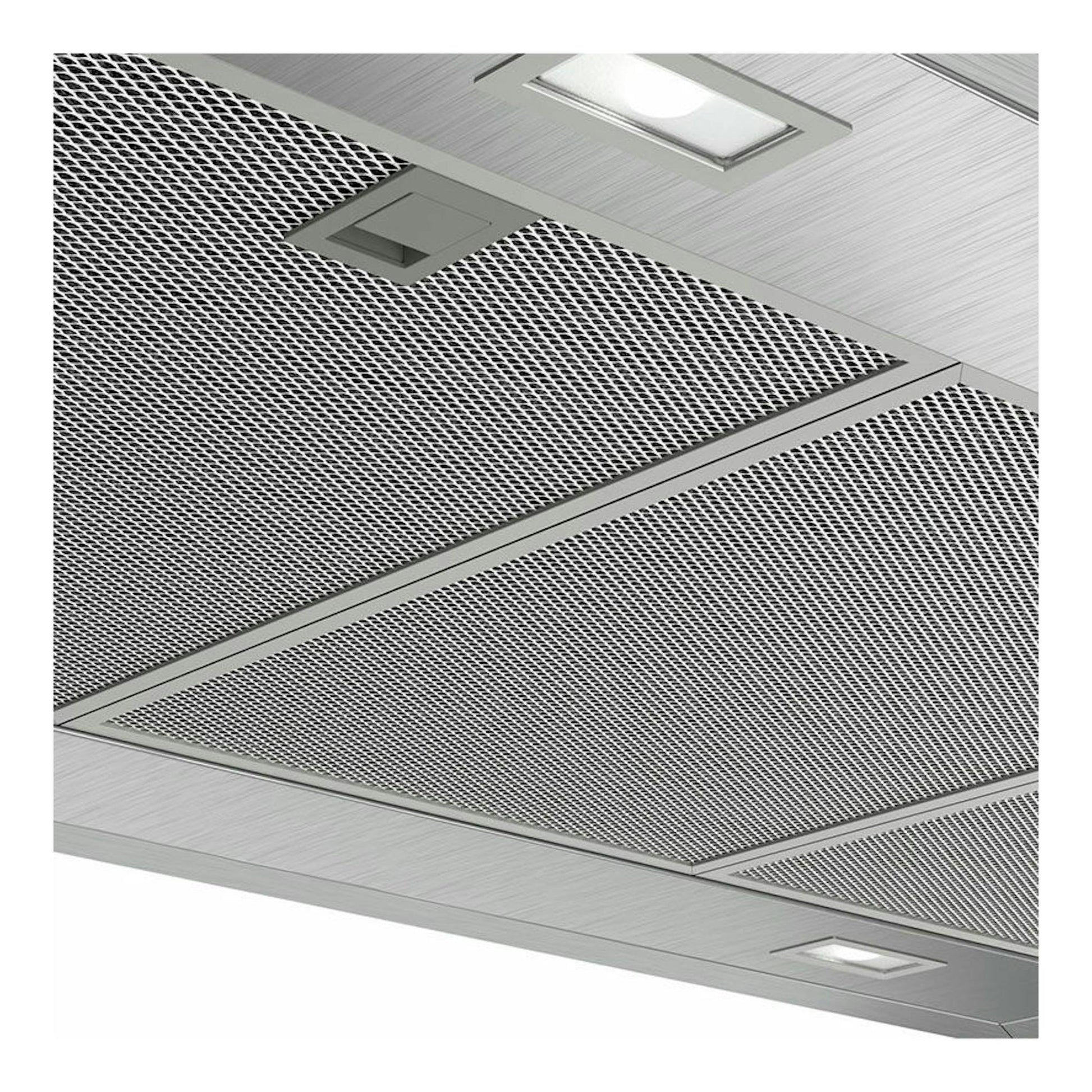 Campana de isla Balay 3BI997GX en inox, vista inferior en techo con rejillas metálicas y luces integradas.