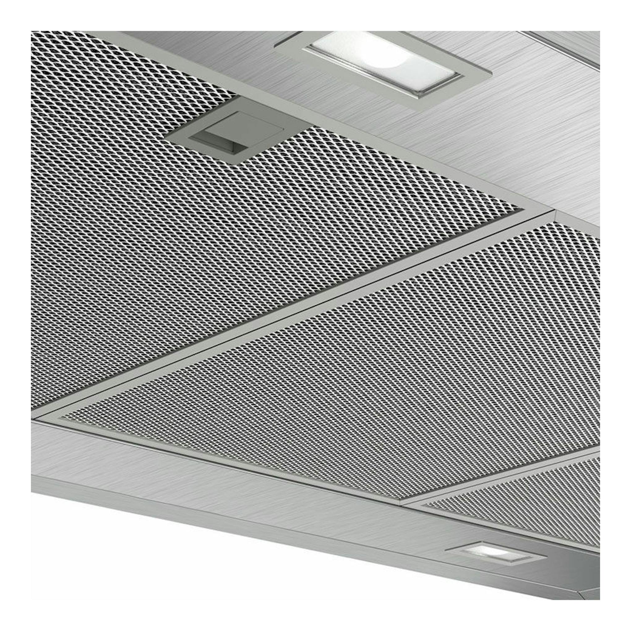 Campana de isla Balay 3BI997GX en inox, vista inferior en techo con rejillas metálicas y luces integradas.