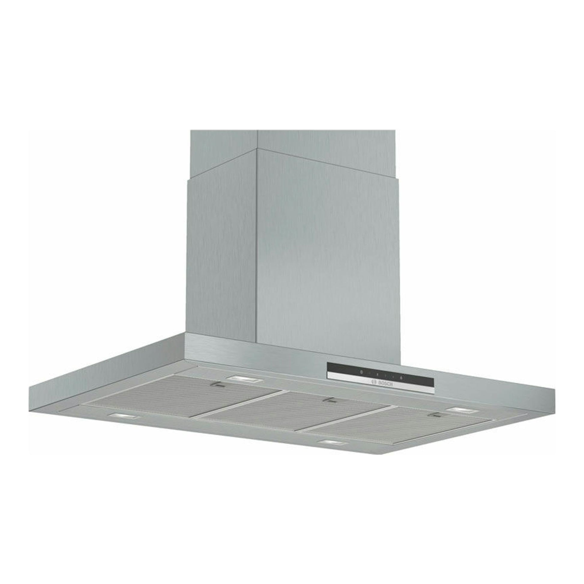 Campana de isla Bosch DIB97IM50 inox, vista frontal en ángulo, acero inoxidable.