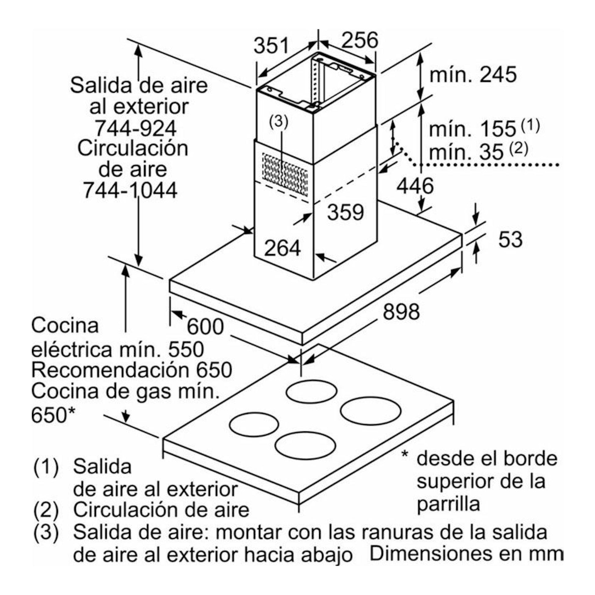 Bosch DIB97IM50 inox, esquema técnico isométrico de campana de isla sobre placa de cocción con medidas en mm.