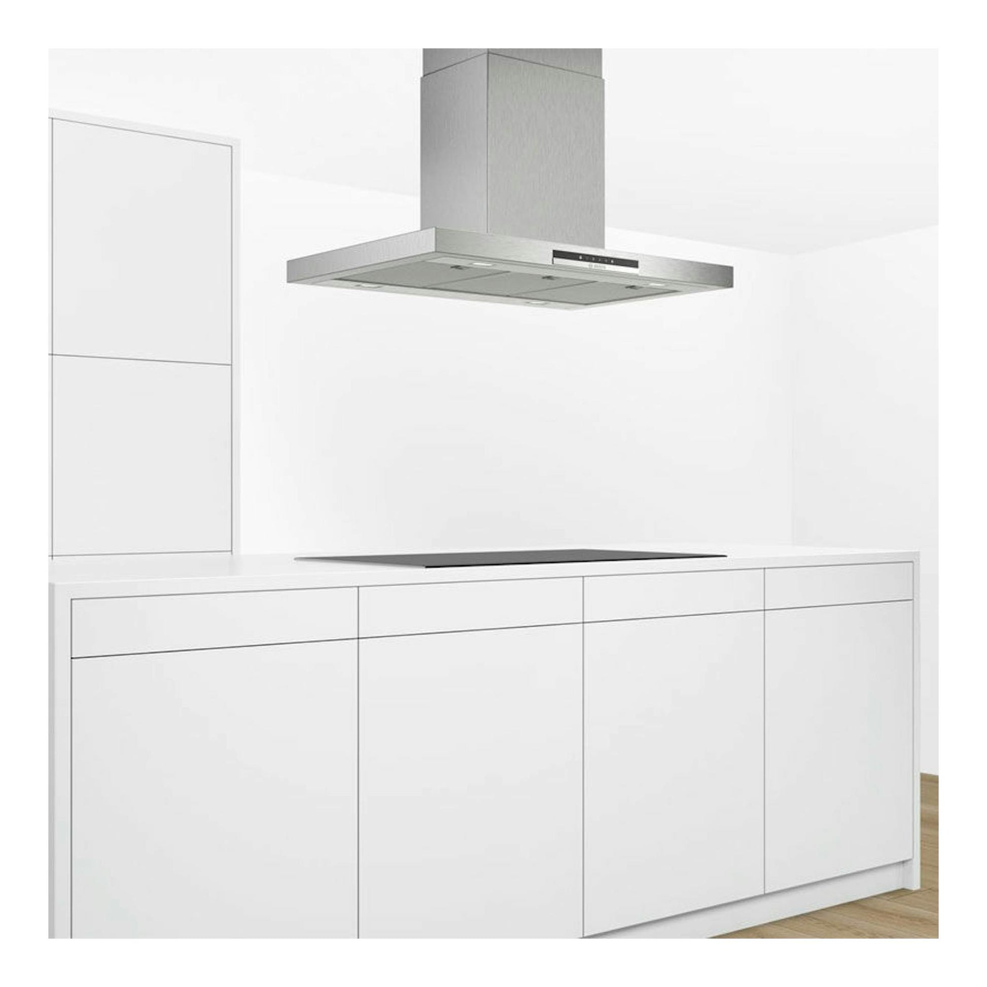 Campana de isla Bosch DIB97IM50 en inox, vista frontal, sobre una cocina blanca moderna.