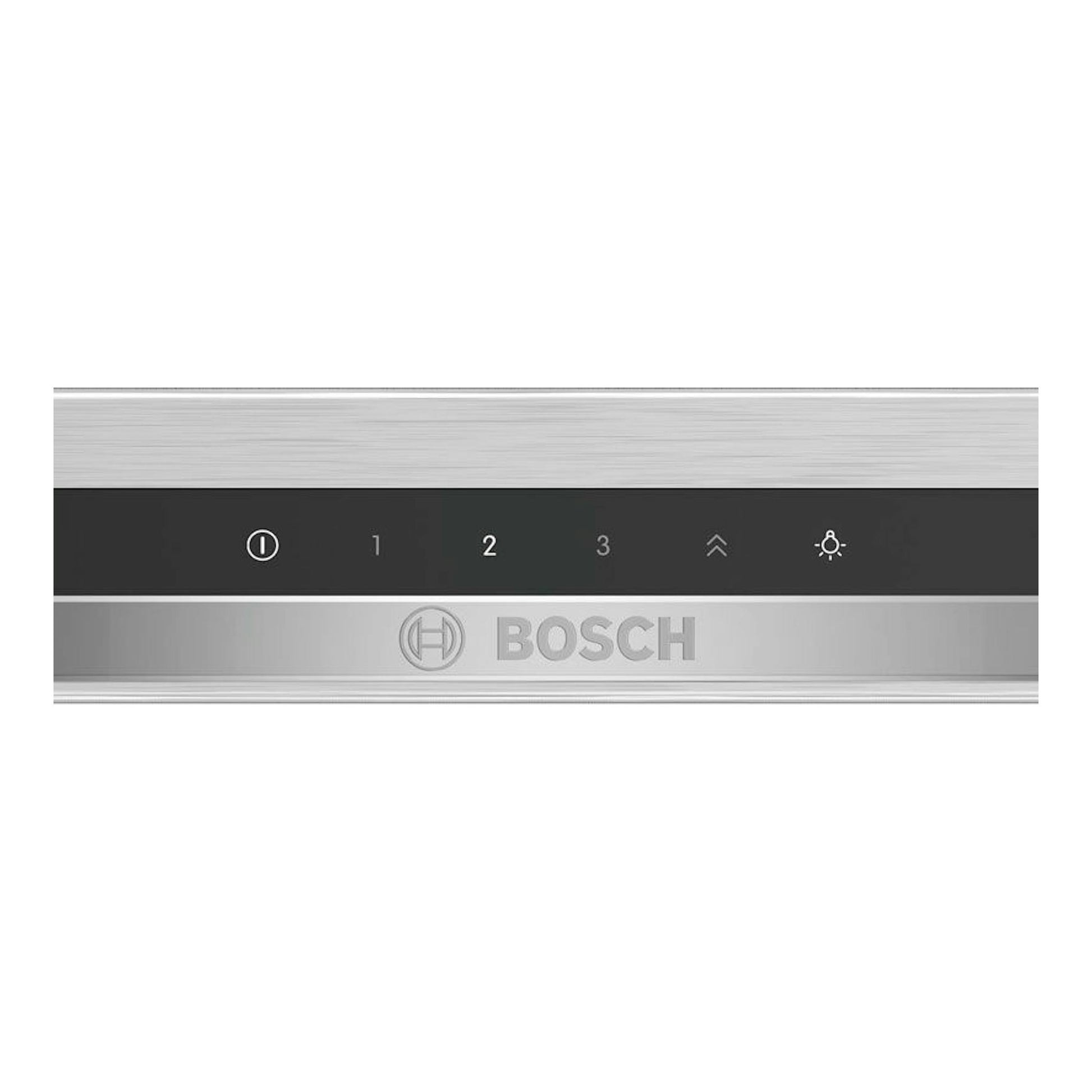 Campana de isla Bosch DIB97IM50 en acero inoxidable, vista frontal con panel táctil y logotipo.