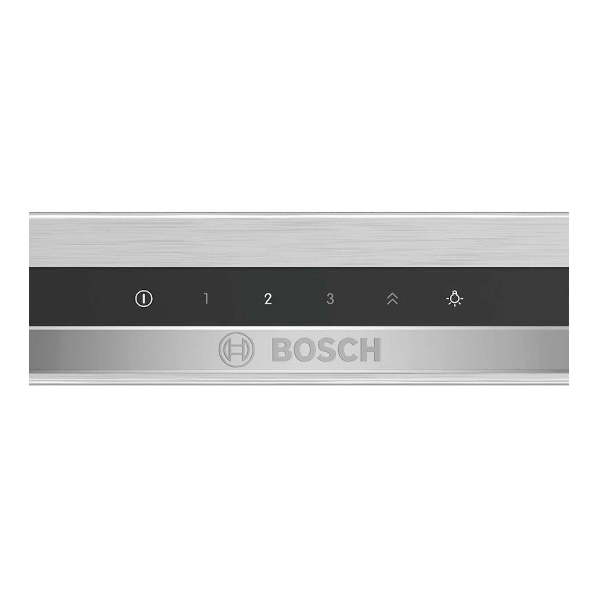 Campana de isla Bosch DIB97IM50 en acero inoxidable, vista frontal con panel táctil y logotipo.
