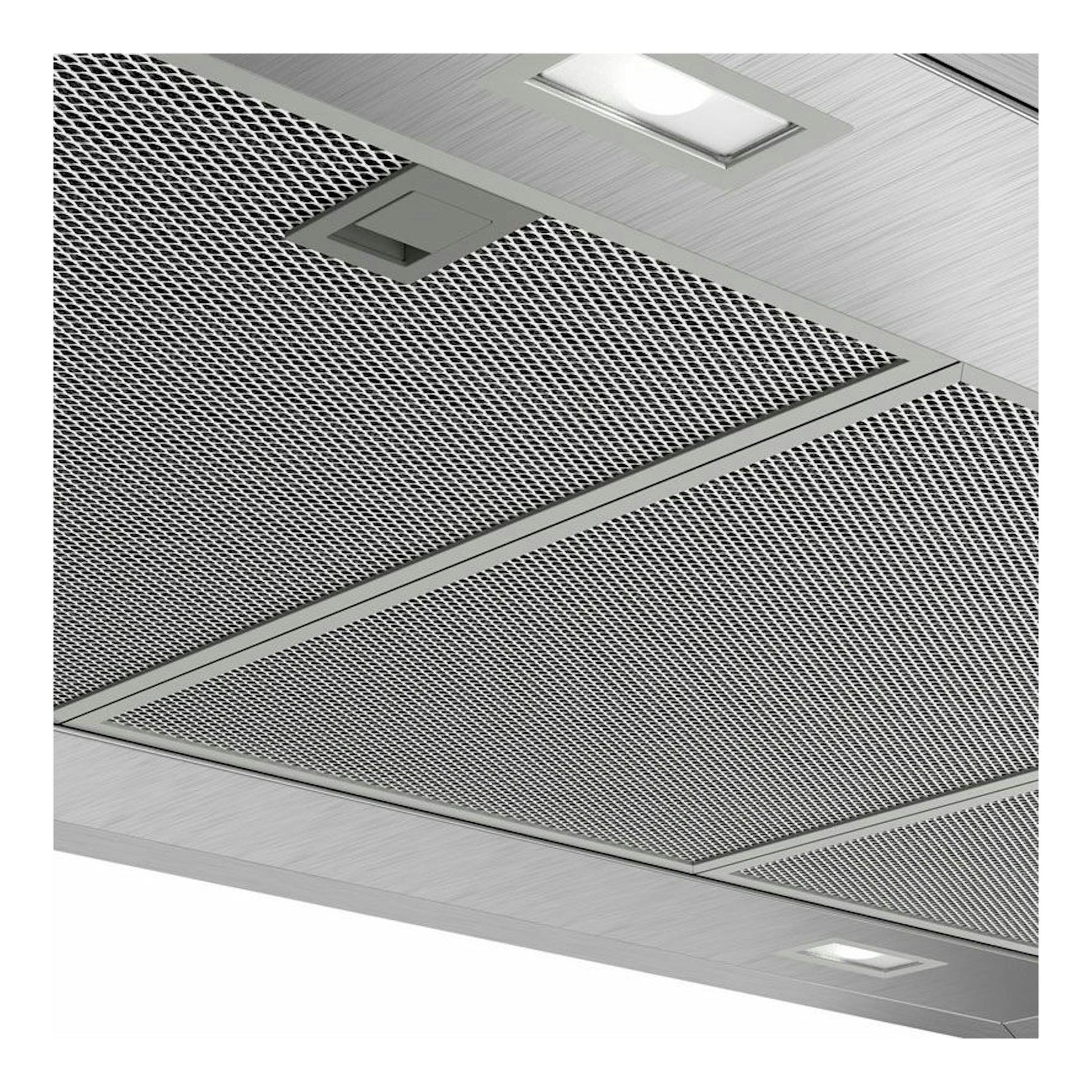 Campana de isla Bosch DIB97IM50 en inox, vista inferior con rejilla metálica y luces LED.