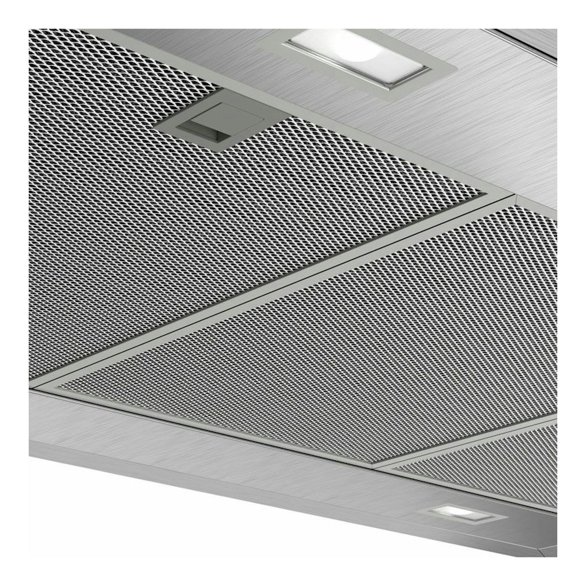 Campana de isla Bosch DIB97IM50 en inox, vista inferior con rejilla metálica y luces LED.