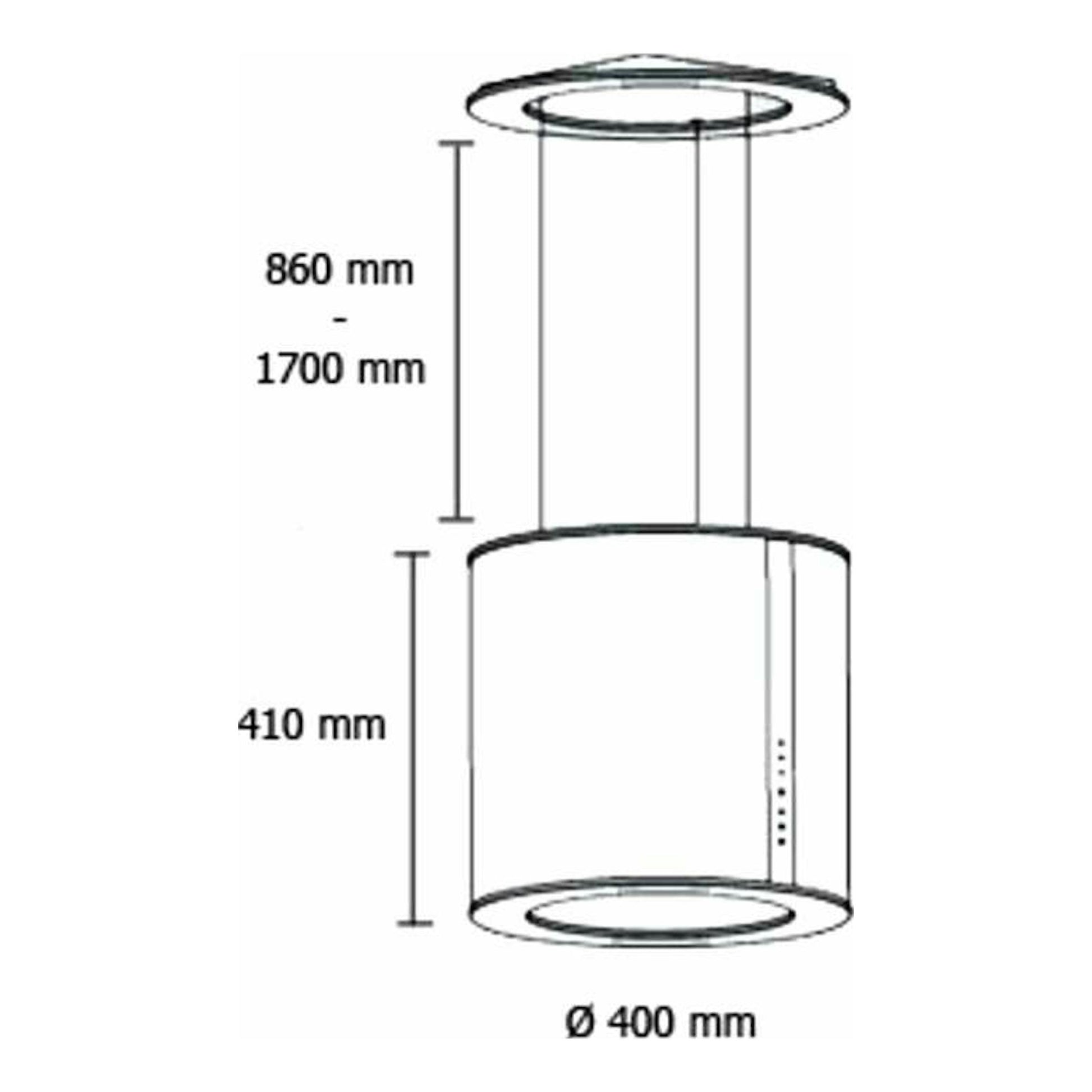 Campana de isla Cata Isla Moon Inox, vista frontal, cilíndrica en acero inox, Ø400 mm y altura 410 mm.
